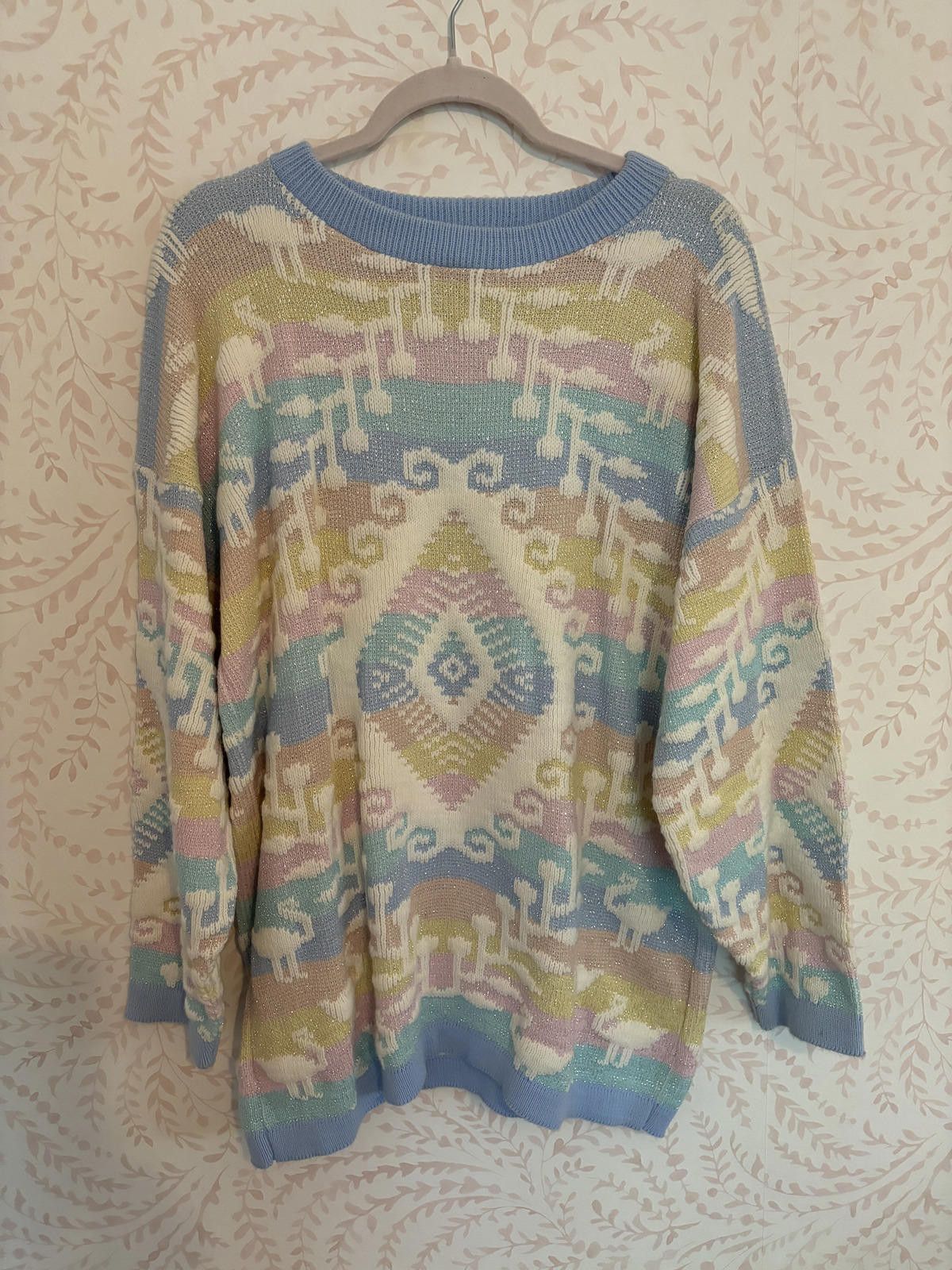 Roberto Cavalli 80's Vintage Pastel Geometric Lurex Rainbow Knit Sweater Size XL / US 12-14 / IT 48-50 - 1 Thumbnail