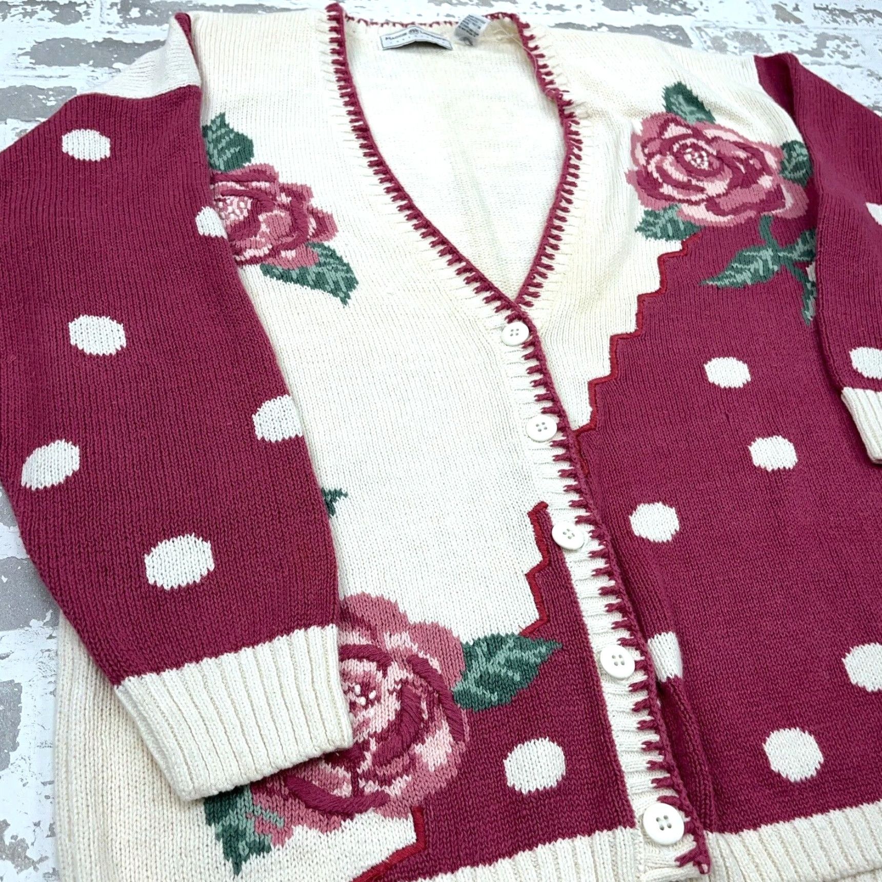 Vintage VINTAGE Maggie Lawrence Cardigan Women L Pink Polka Dot Knit Sweater, All Seasons, Lightweight, Pockets, Button, V-Neck, Cap Sleeve, Regular Size L / US 10 / IT 46 - 3 Thumbnail