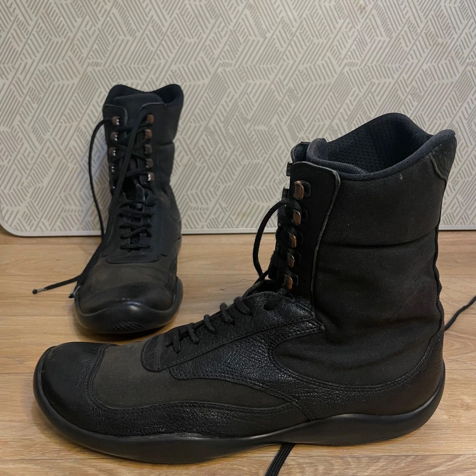 Prada PRADA BOXING Boots High Top Cup Motorcycle black leather Size US 12 / EU 45 - 16 Thumbnail
