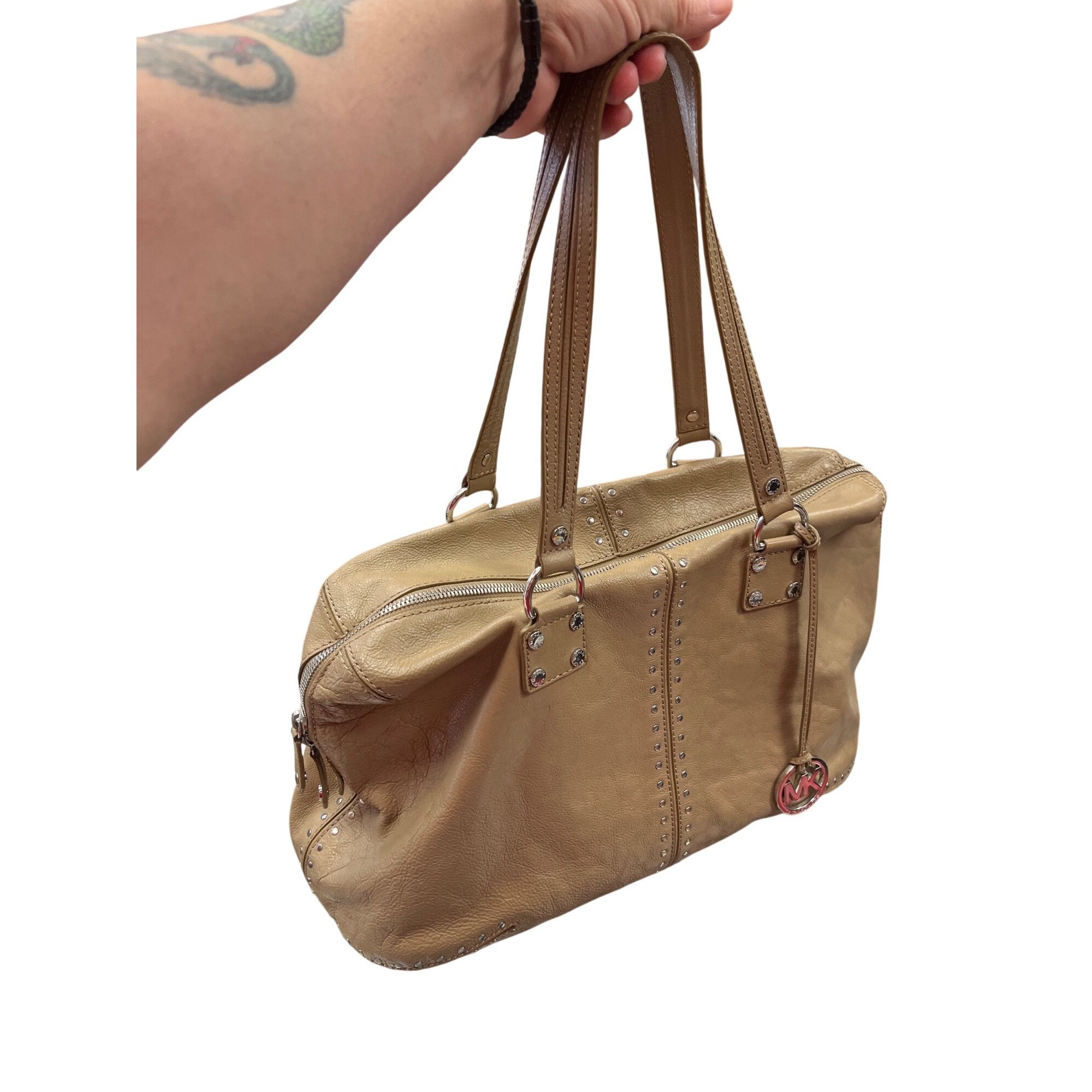Michael Kors Michael Kors wms taupe tan leather studded hobo tote bag SKU Size ONE SIZE - 22 Thumbnail