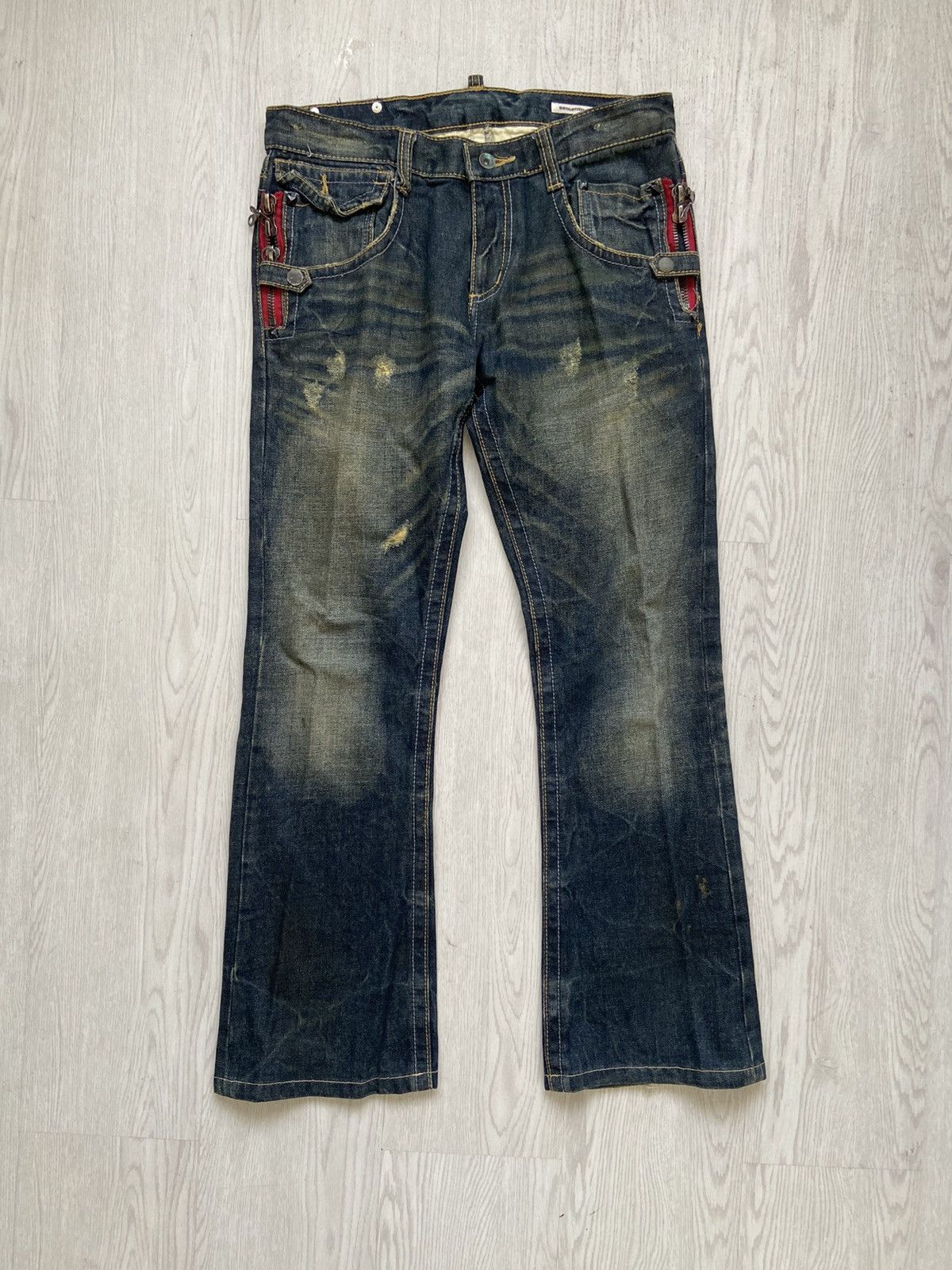 Vintage Semantic Design Zipper Cowhide Flare Denim Pants