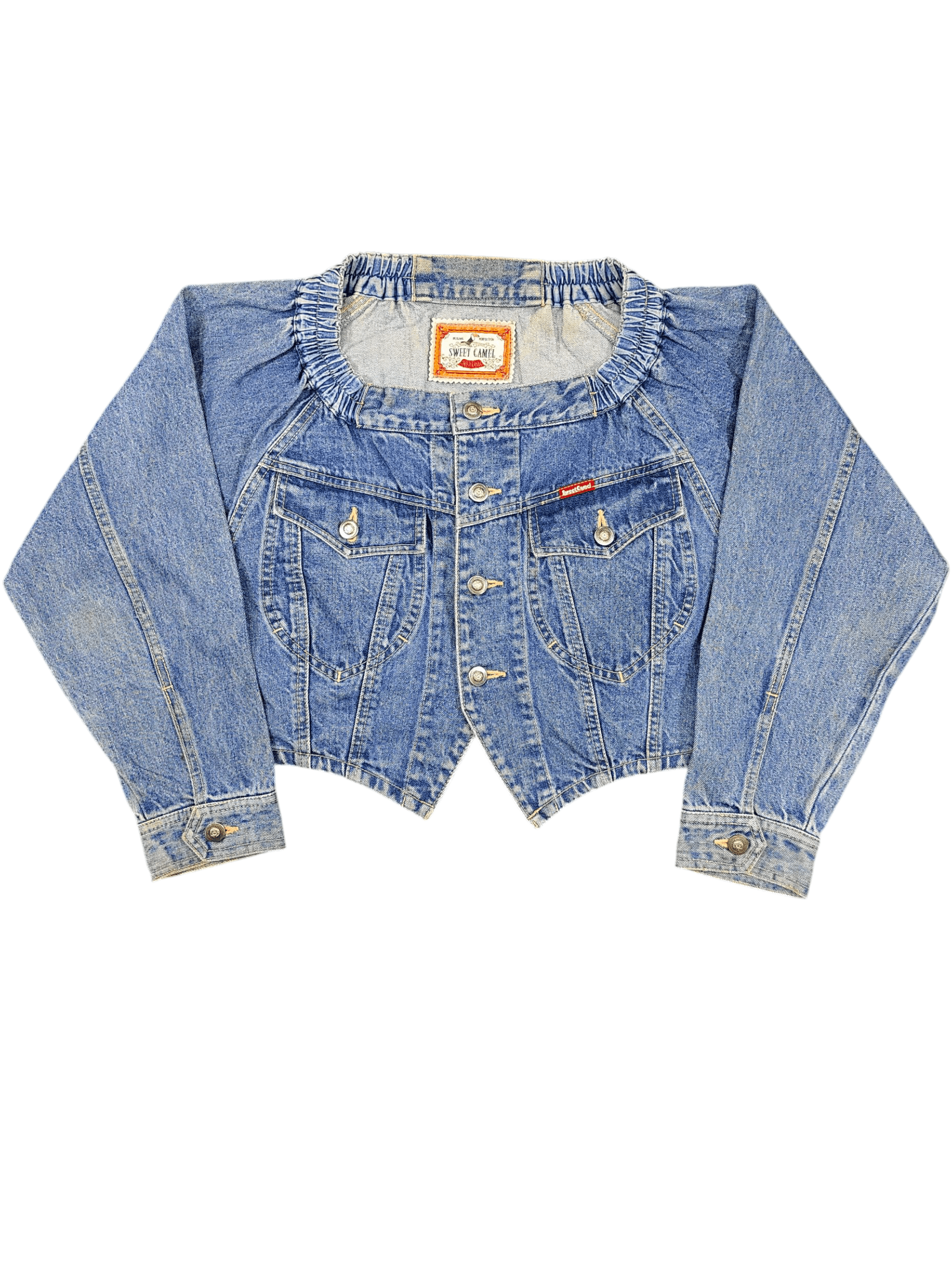 Japanese Brand 90s Sweat Camel- Off Shoulder Y2K Cropped Denim Jacket Size M / US 6-8 / IT 42-44 - 1 Thumbnail