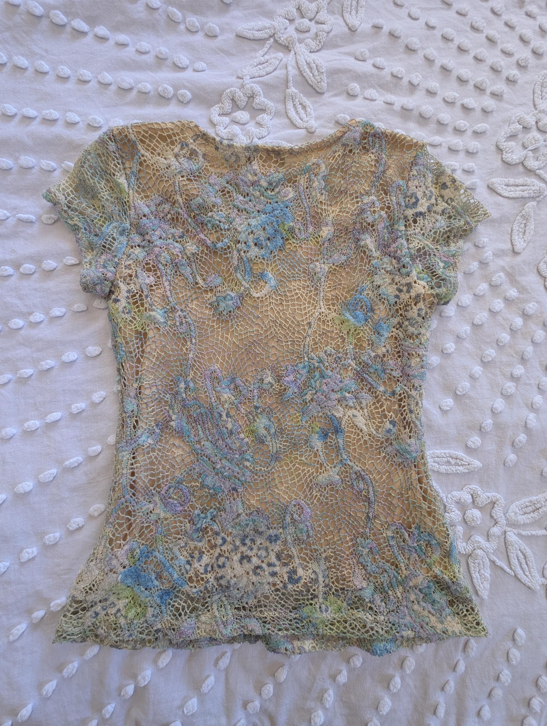 Vintage Y2K Crochet Lace Knit Top, 2000s Fitted Paisley Leopard Mesh Size M / US 6-8 / IT 42-44 - 7 Thumbnail