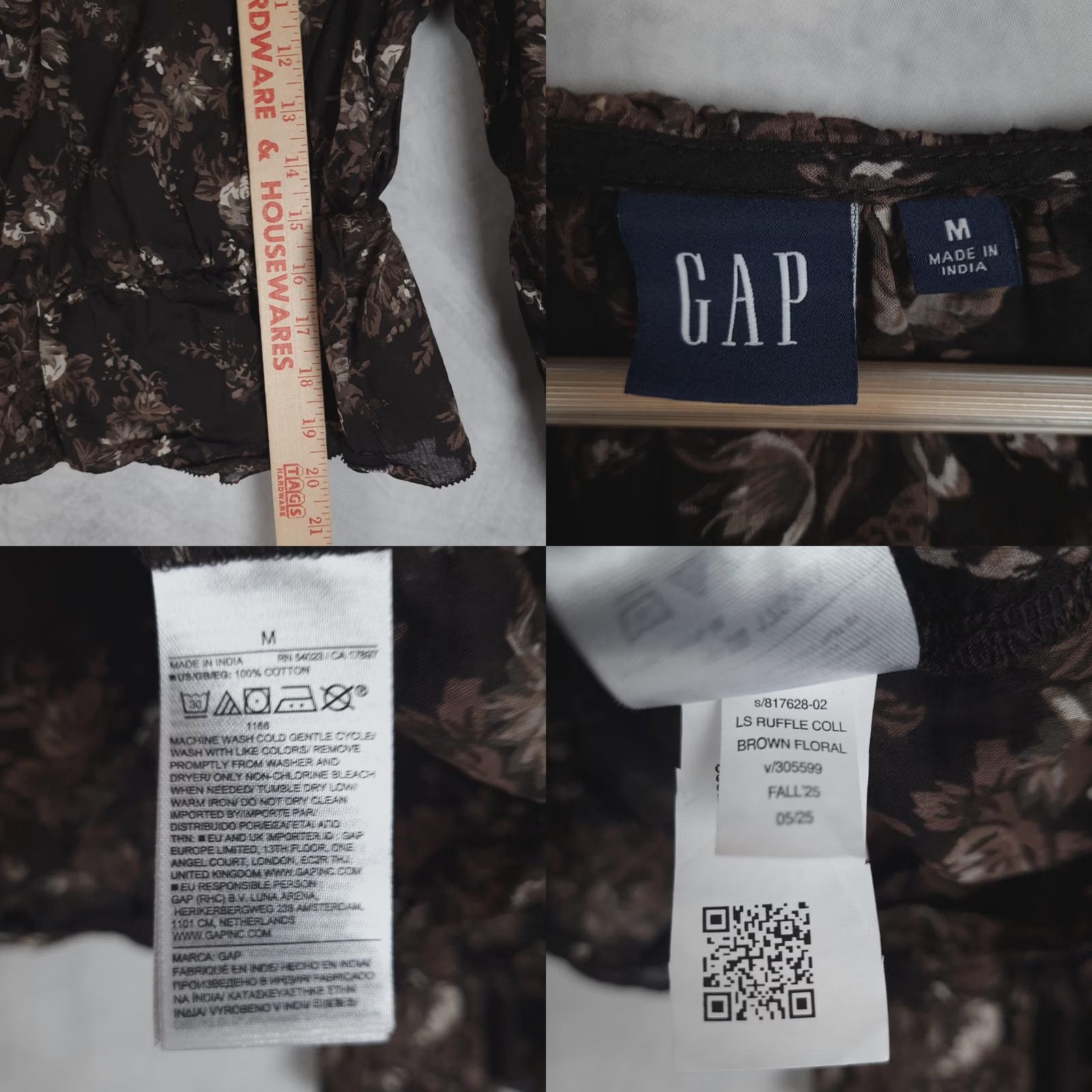 Gap Gap Blouse Womens Medium Brown Floral Ruffle Collar Peplum Sheer V-Neck Button Front Long Sleeve Casual Fall Womens Size M / US 6-8 / IT 42-44 - 11 Thumbnail