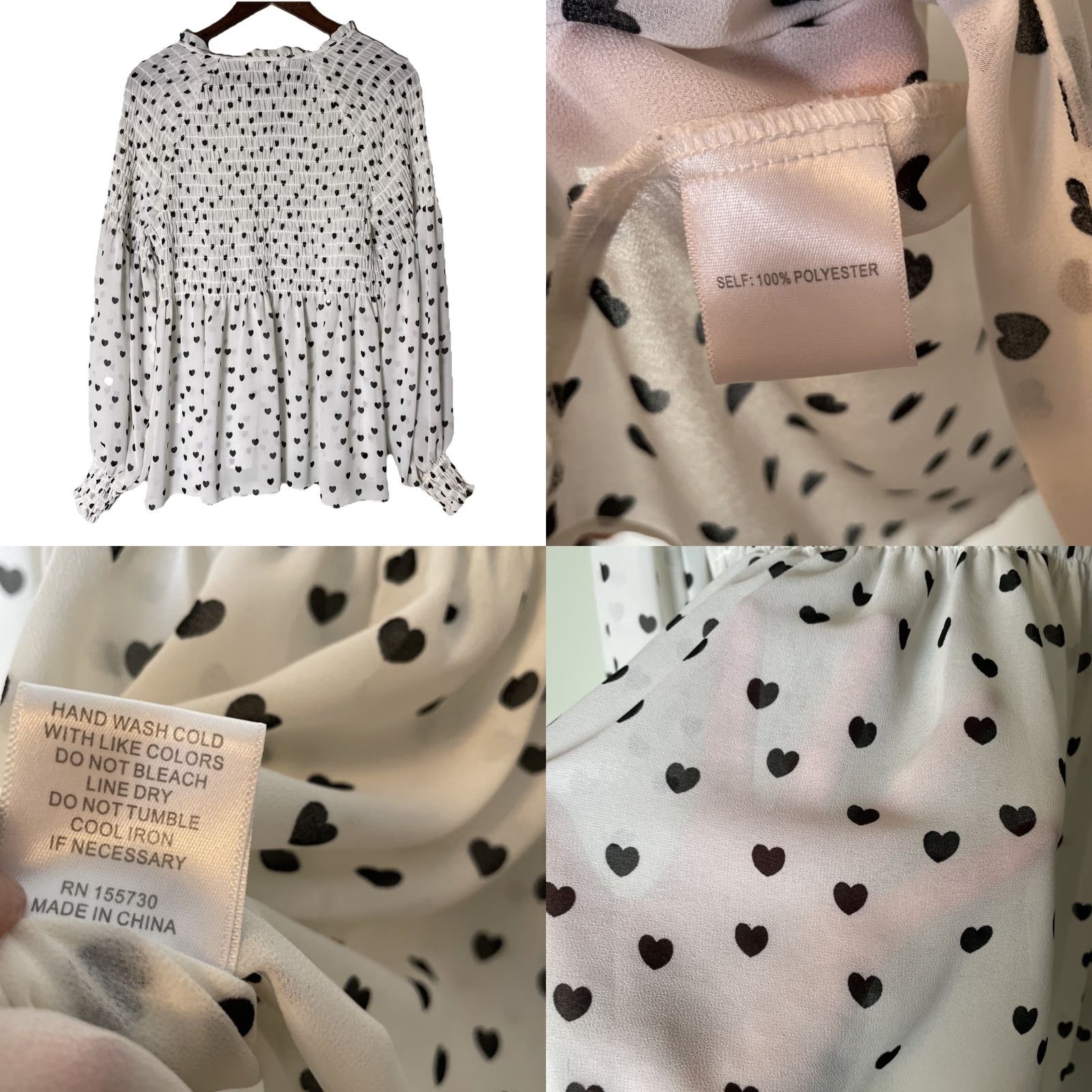 Vintage Rose + Olive Blouse L White Hearts Print Chiffon Balloon Sleeve Ruffle Neck Sheer Casual Women Size L / US 10 / IT 46 - 8 Thumbnail