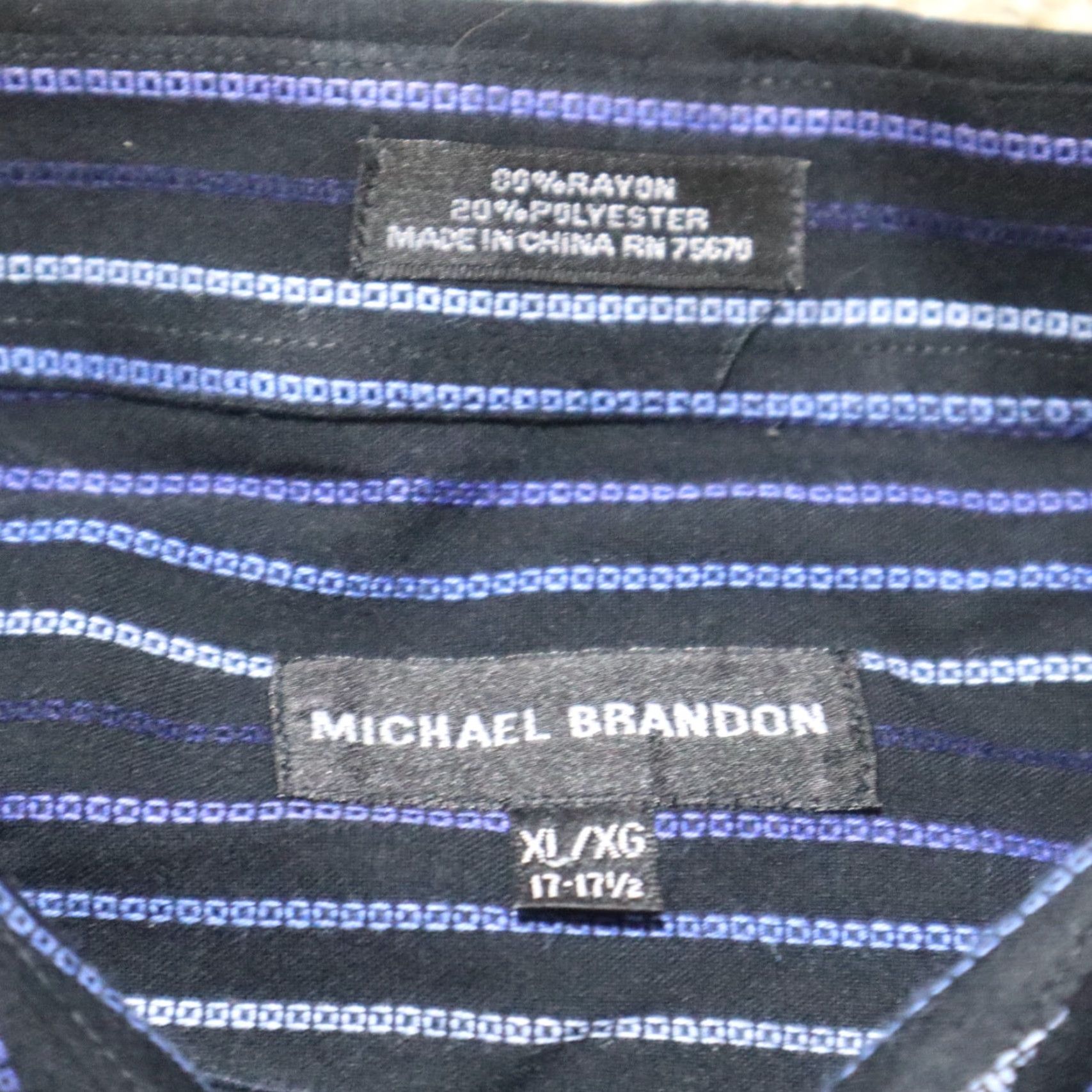 Vintage Michael Brandon Shirt Button-Up XL Blue Mens Casual Slim 17.5 Rayon 89% Striped Geometric Vintage No N/A Size US XL / EU 56 / 4 - 3 Thumbnail