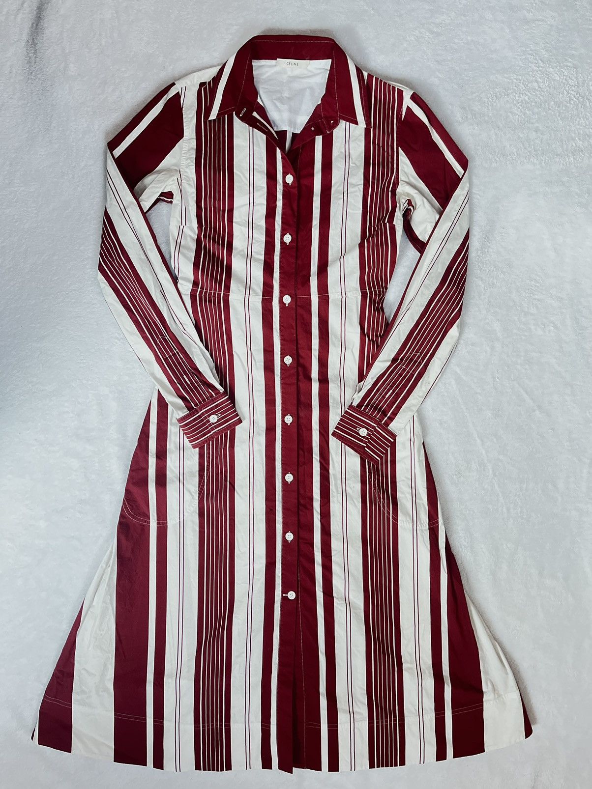 image of Celine Striped Midi Dress in Red White, Women's (Size XS)