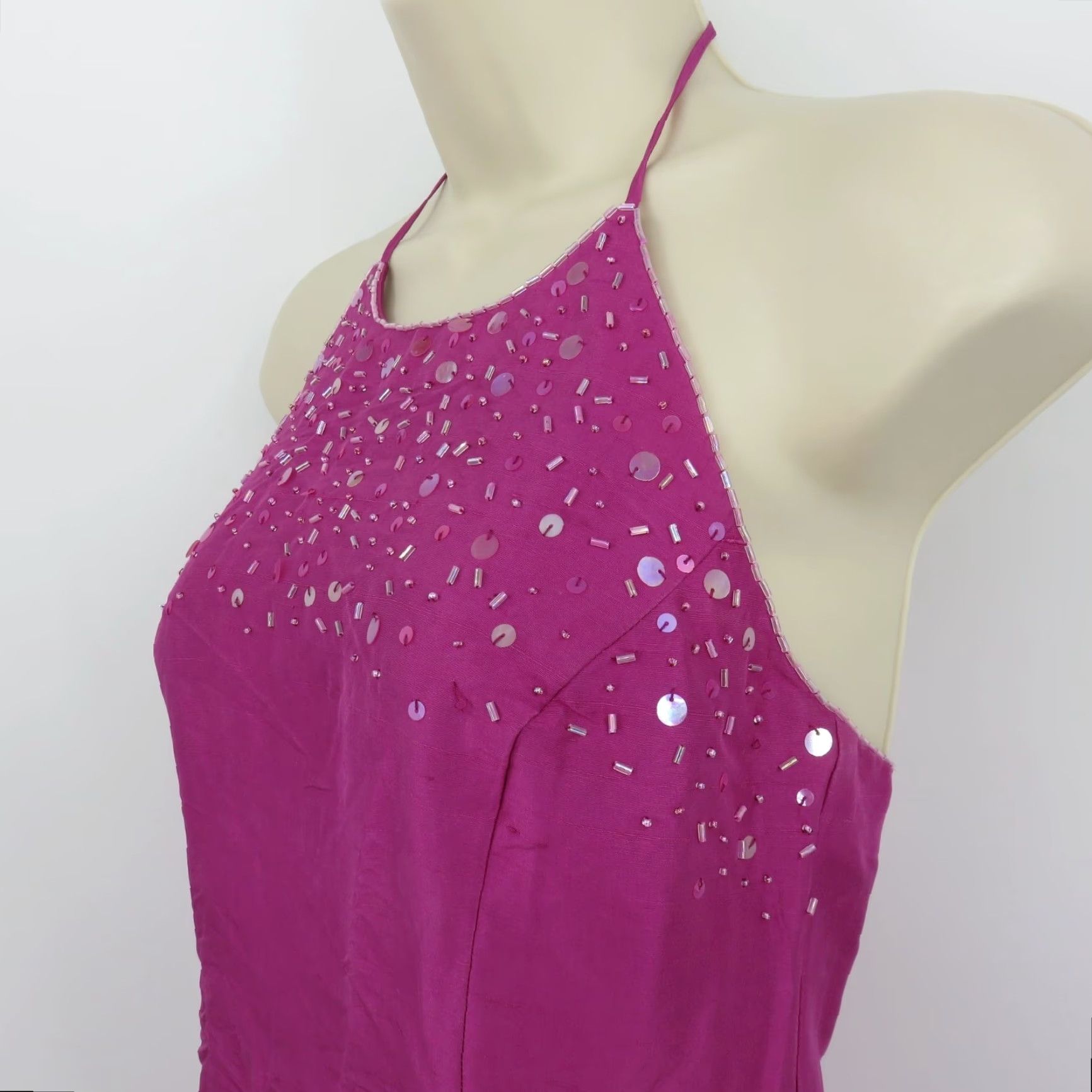 Ann Taylor VINTAGE Ann Taylor Women Petite 4P Pink Crinkle Silk Beaded Sequin Halter Sheath Dress Shirt Dress? Size S / US 4 / IT 40 - 5 Thumbnail