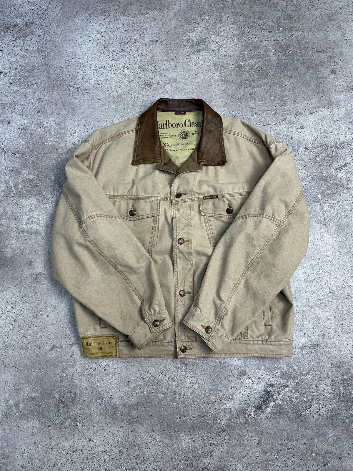 Vintage Vintage Marlboro Boxy Denim Jacket Beige Distressed Rare Size US XL / EU 56 / 4 - 4 Thumbnail