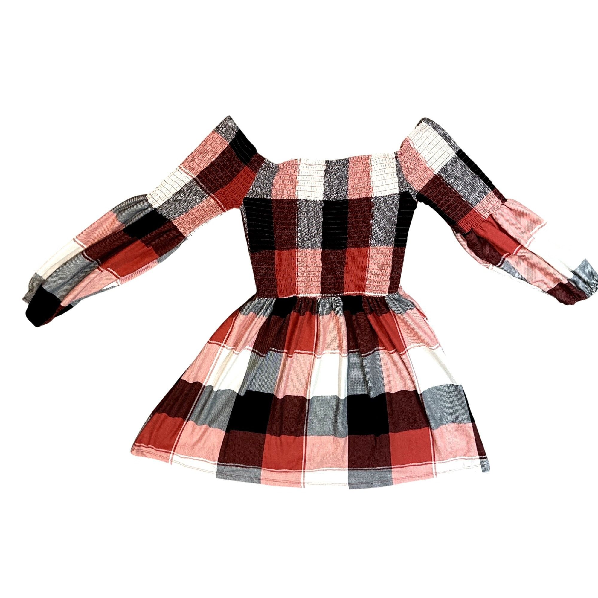 Other 205 Collins Red Plaid Smocked Off Shoulder Flare Mini Dress Size S / US 4 / IT 40 - 7 Thumbnail