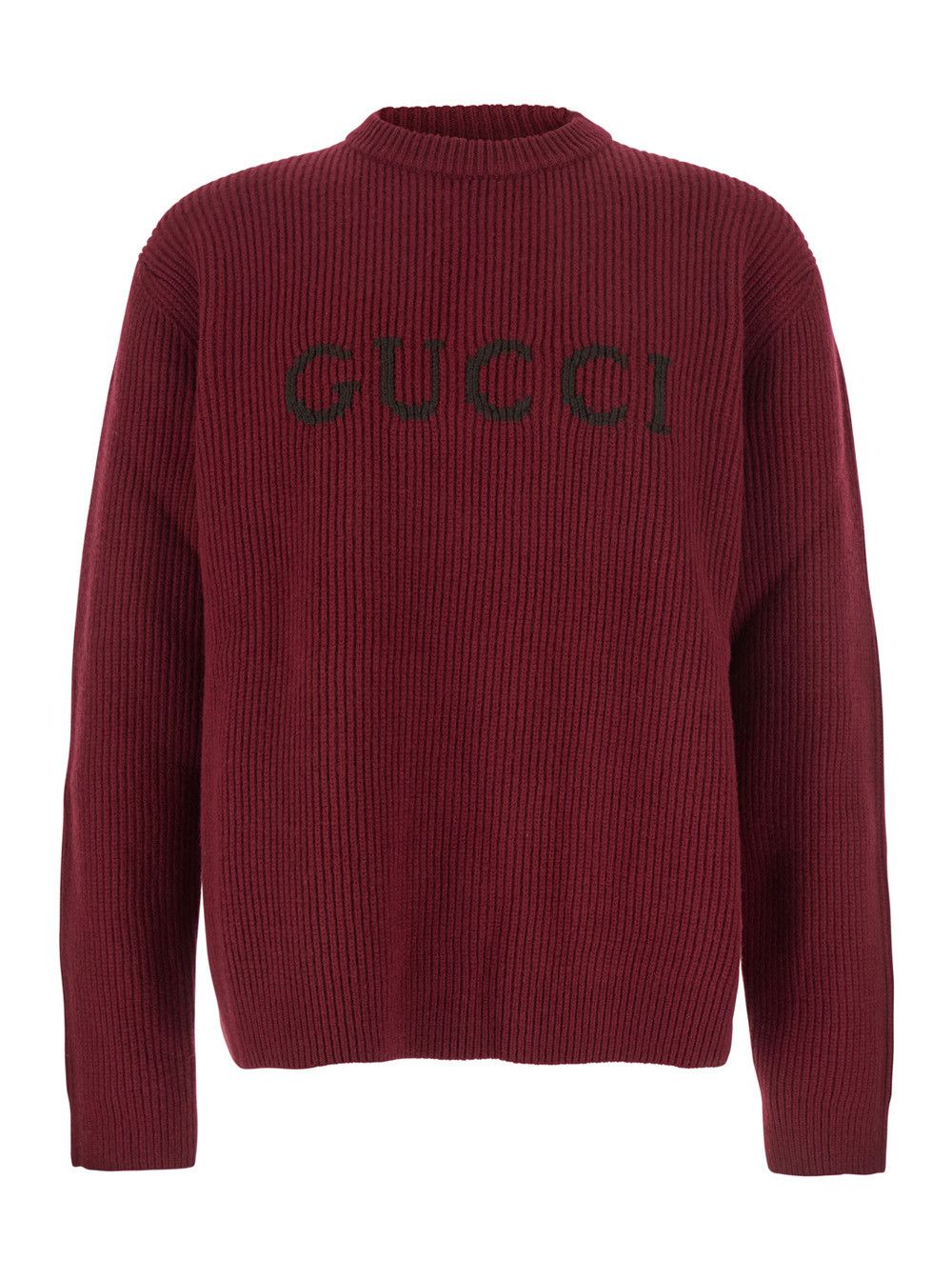 Gucci Bordeaux Crewneck Sweater with Logo Lettering Embroidery on the Front in Wool Man Size US M / EU 48-50 / 2 - 1 Thumbnail