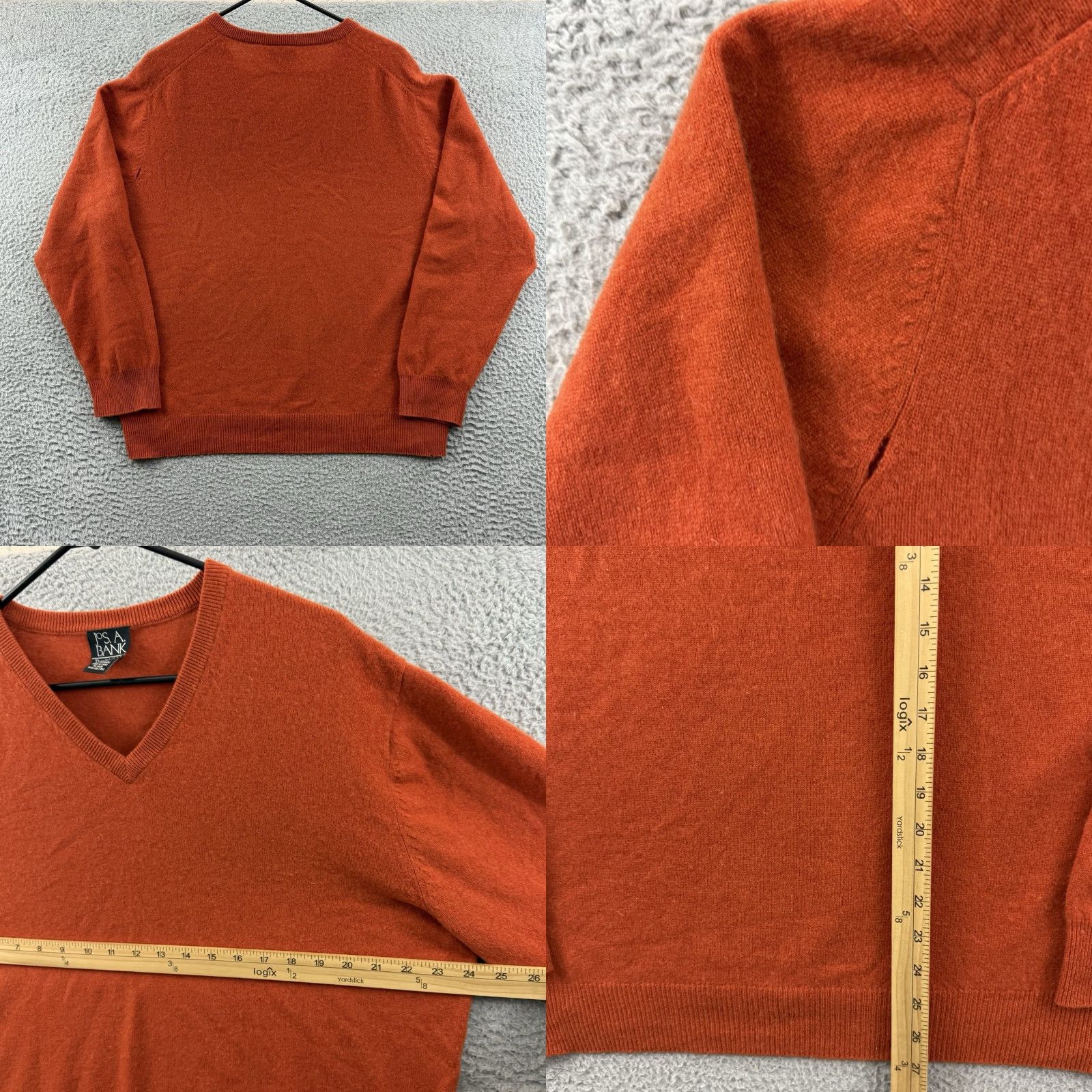 Vintage Jos A Bank Sweater Mens Large Orange Knit 100% Cashmere V Neck Pullover Preppy Size US L / EU 52-54 / 3 - 8 Thumbnail