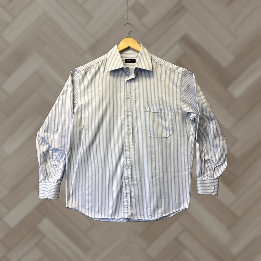 Canali VINTAGE Canali Dress Shirt Men's Blue 16.5 Regular Long Sleeve Button Striped Formal Size 42R - 1 Thumbnail
