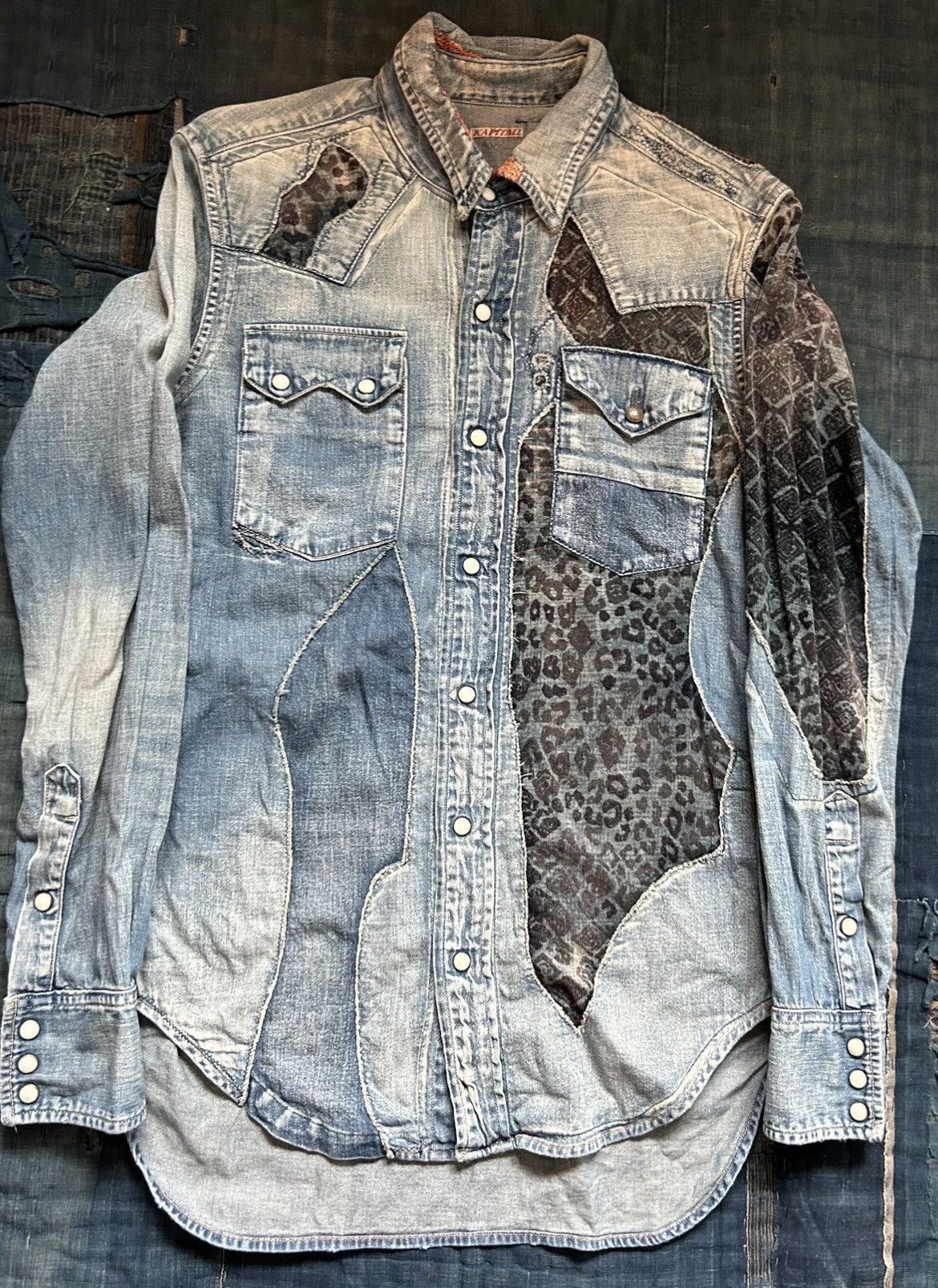 image of Kapital Denim Leopard Corduroy Patchwork Western Shirt in Indigo, Men's (Size Medium)