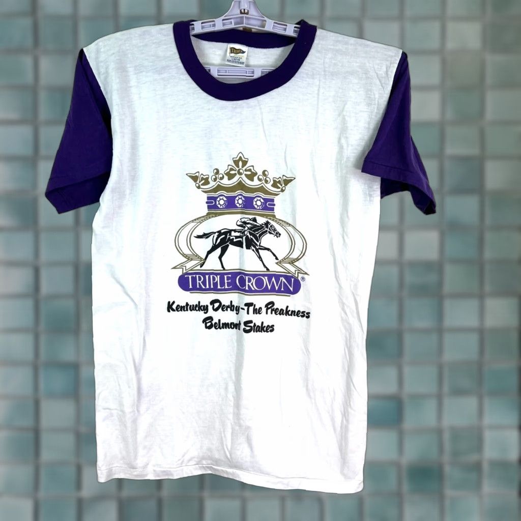 Vintage Triple Crown Horse Racing T-Shirt Mens Size L White Graphic Print Crew Neck Size US L / EU 52-54 / 3 - 1 Thumbnail