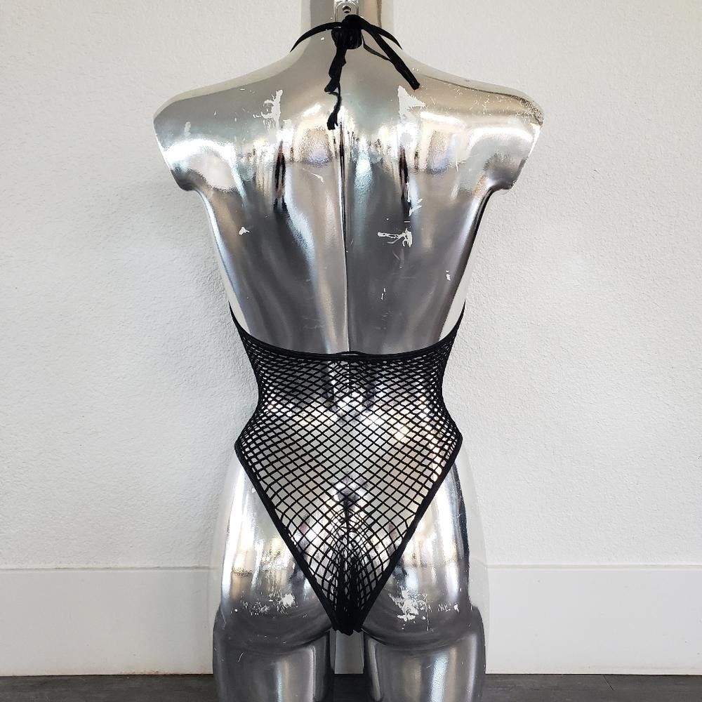 Designer Black Red Bow Seduction Fishnet Bodysuit Size ONE SIZE - 2 Thumbnail