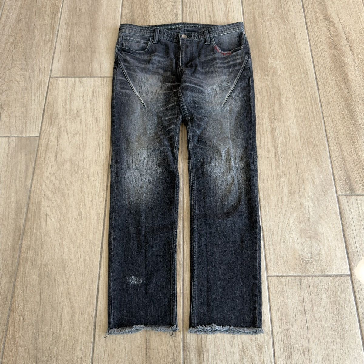 Number (N)ine Washed Black Distressed Repaired Red Stitch Denim Jeans Size US 31 - 1 Thumbnail
