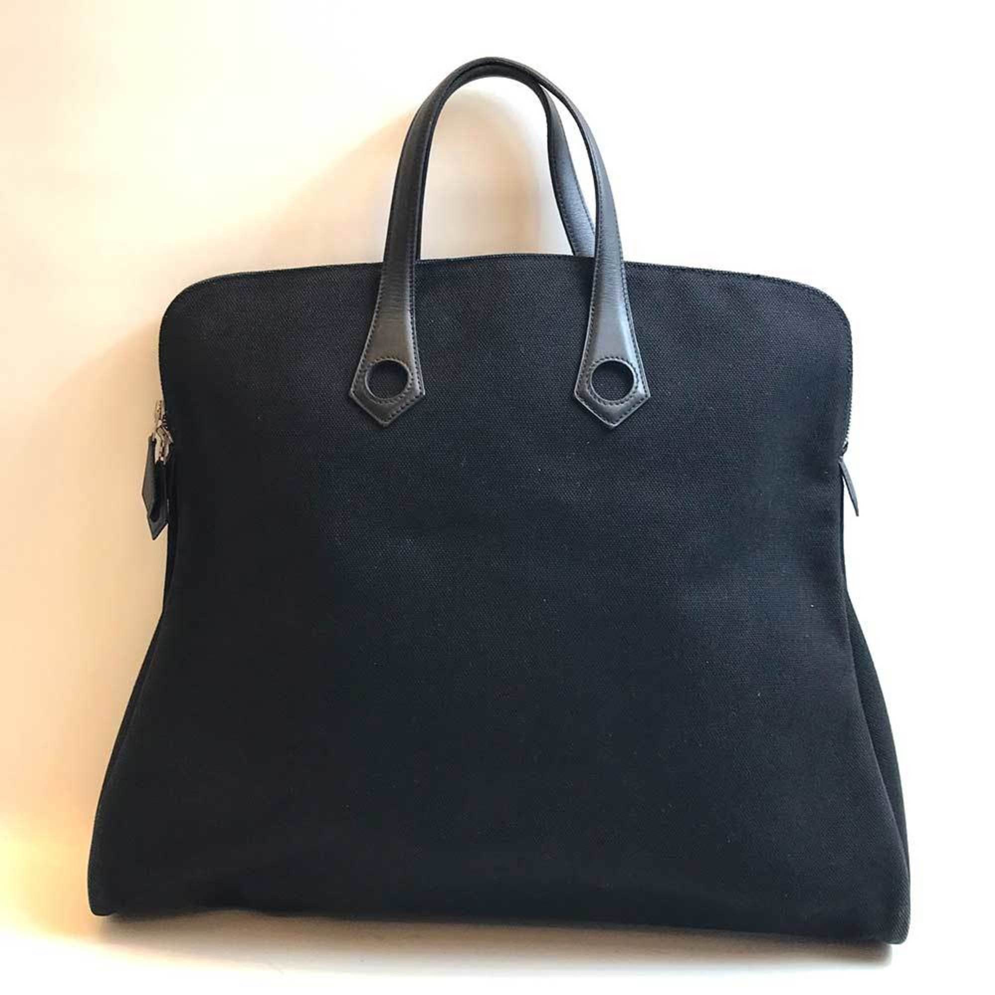 image of Hermes Bag Sac Ibou Gm Black Handbag Tote Ladies Men's Canvas Toile Ash X Leather