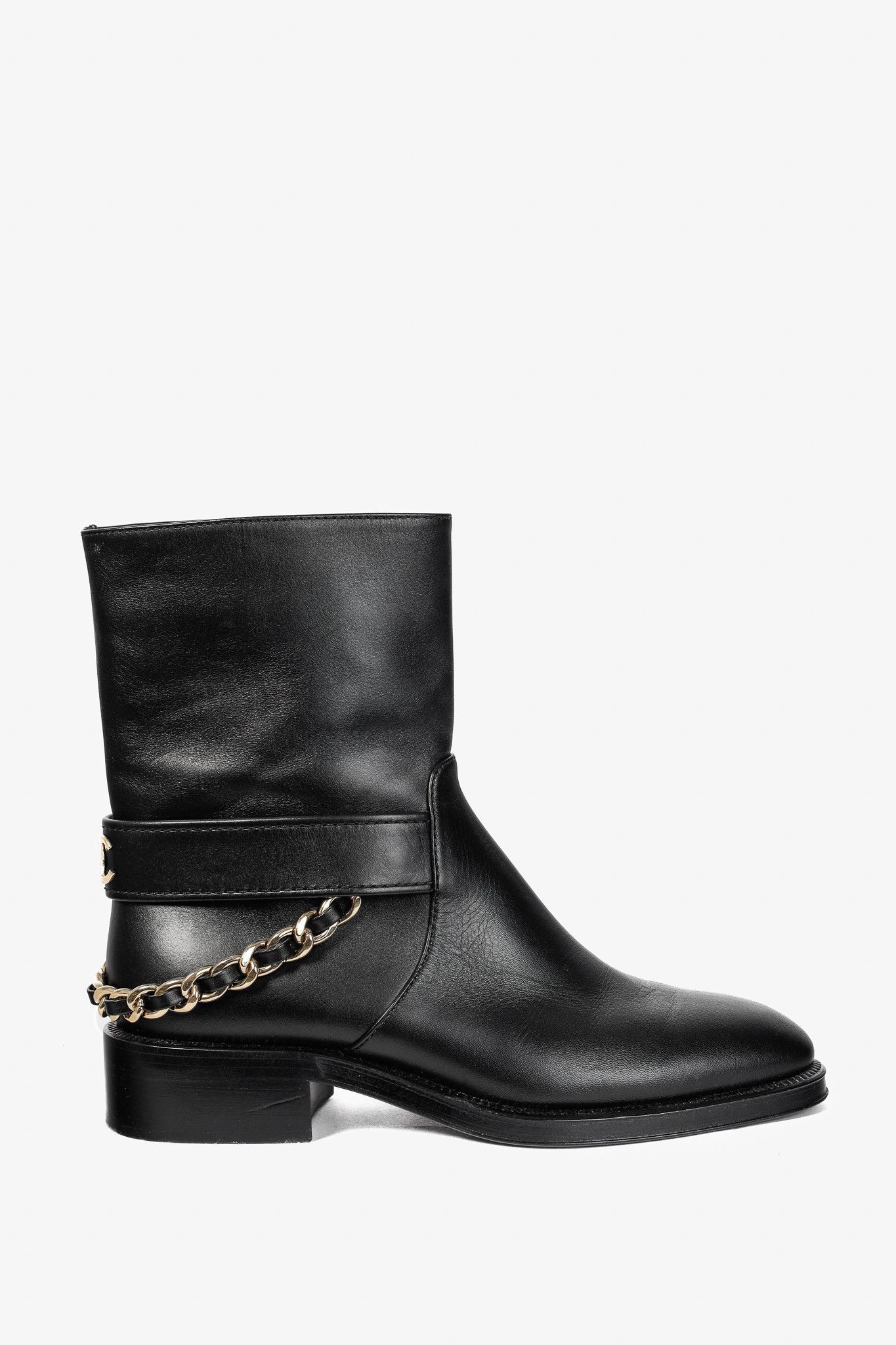 Chanel Chanel 22A Black Calfskin & Metal CC Chainlink Moto Boots Size US 5 / IT 35 - 1 Thumbnail