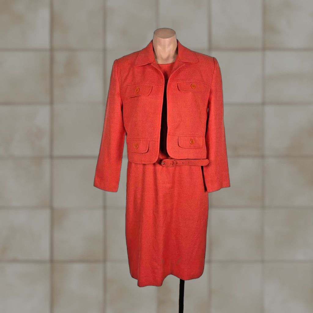 VINTAGE Henry Lee Dress Suit Sz 8P Petite Coral Orange Belted 1990s Polyester Rayon Made in USA Womens