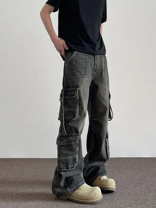 VIBE Black Washed Cargo Denim Jeans with Straps Size US 32 / EU 48 - 5 Thumbnail