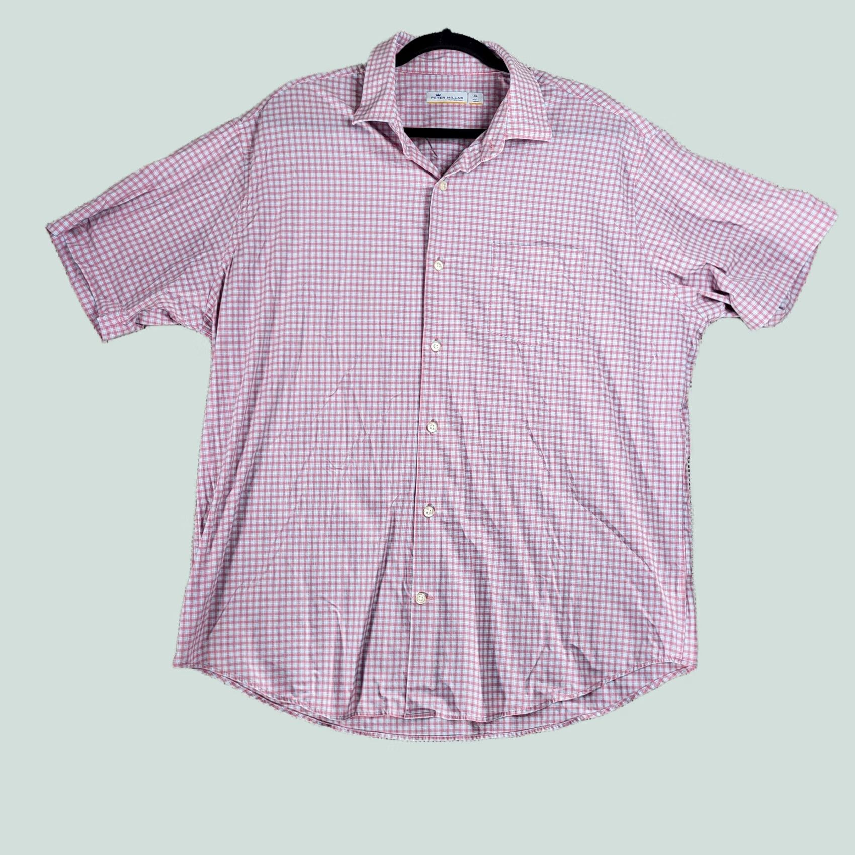 Peter Millar Button-Up Shirt Mens 1XL Pink Blue Plaid Short Sleeve Featherweight, Men's