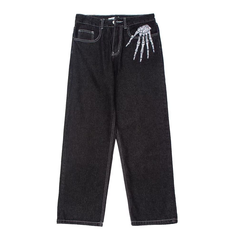 Japanese Brand × Jean Skeleton embroidery loose wide-leg trendy casual jeans Size US 33 - 2 Thumbnail
