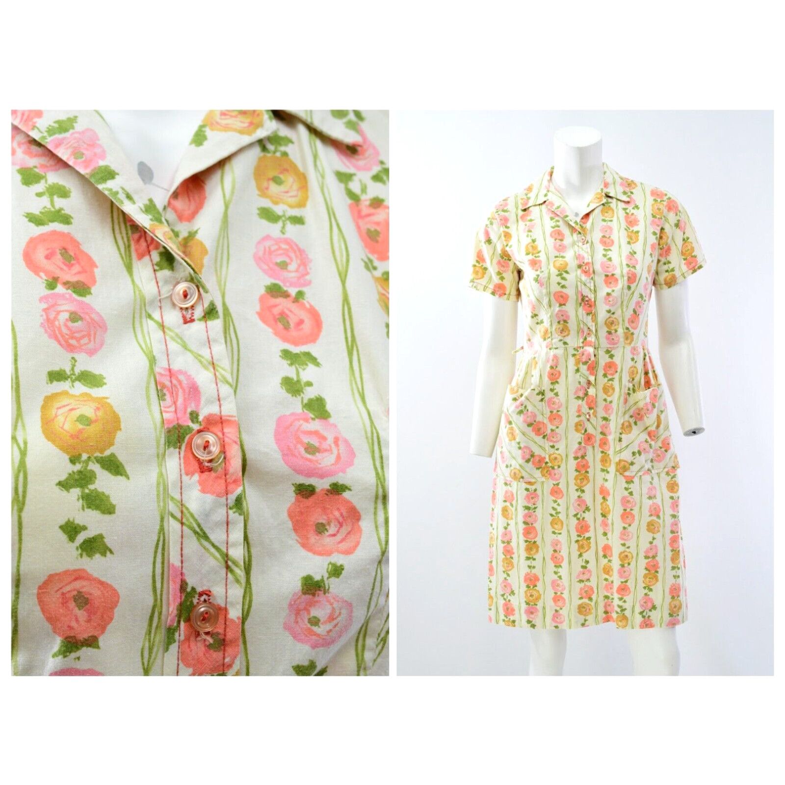 image of 50S Vintage Floral & Striped Cotton Shirt Dress Day Dress Size Xs/s Dresses in White, Women's