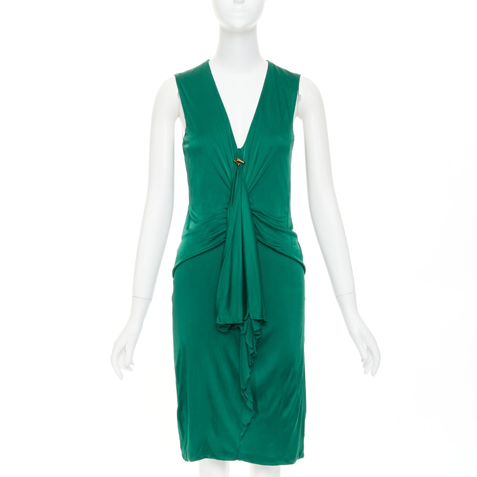Gucci GUCCI 2008 emerald green viscose gold hardware draped V neck midi dress L Size M / US 6-8 / IT 42-44 - 1 Thumbnail