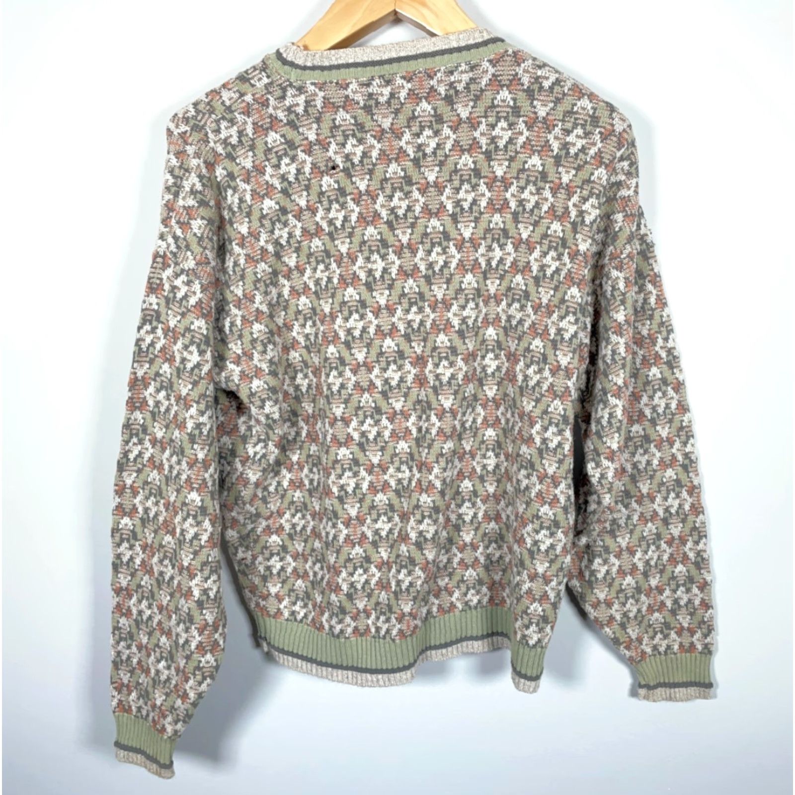 Vintage Crossings Sweater Mens Large Beig e Green Diamond Pattern 90s Textured Cotton-Acrylic Knit Crew Neck Vintage Pullover Casual Size US L / EU 52-54 / 3 - 2 Thumbnail