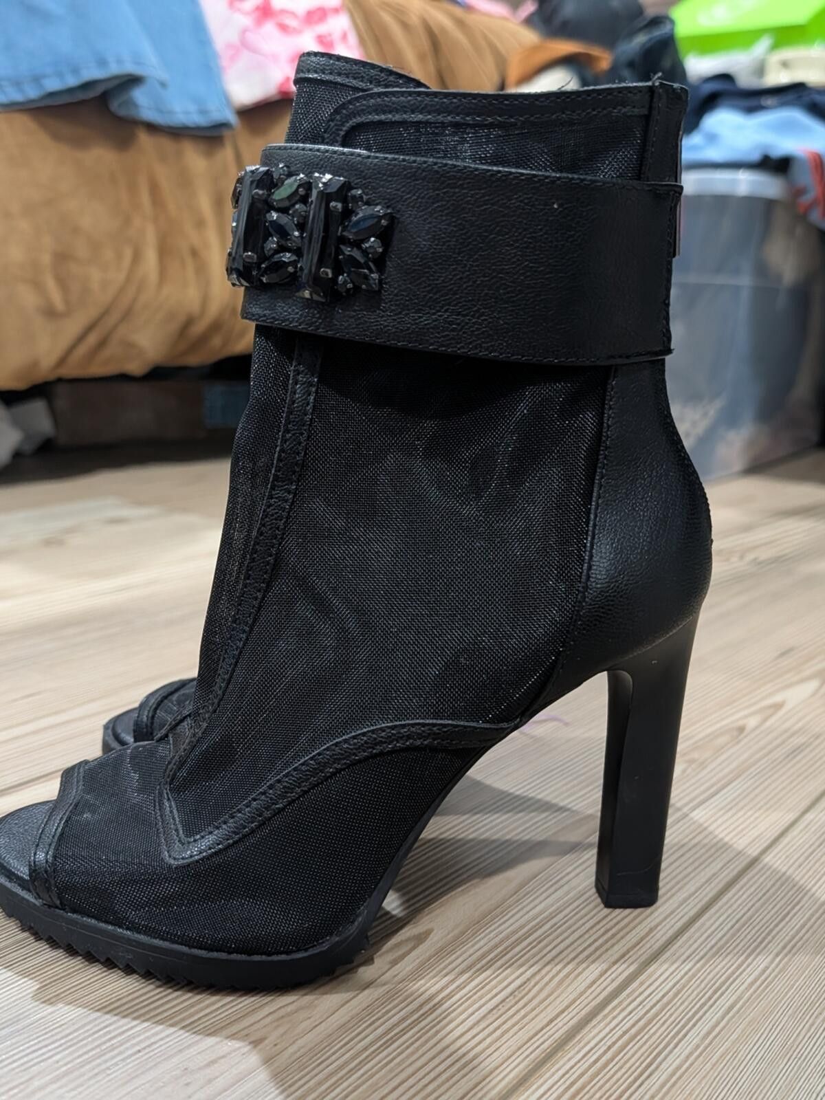 Karl Lagerfeld Karl Lagerfeld Black Mesh Peep-Toe Ankle Boots Size US 7 / IT 37 - 3 Thumbnail