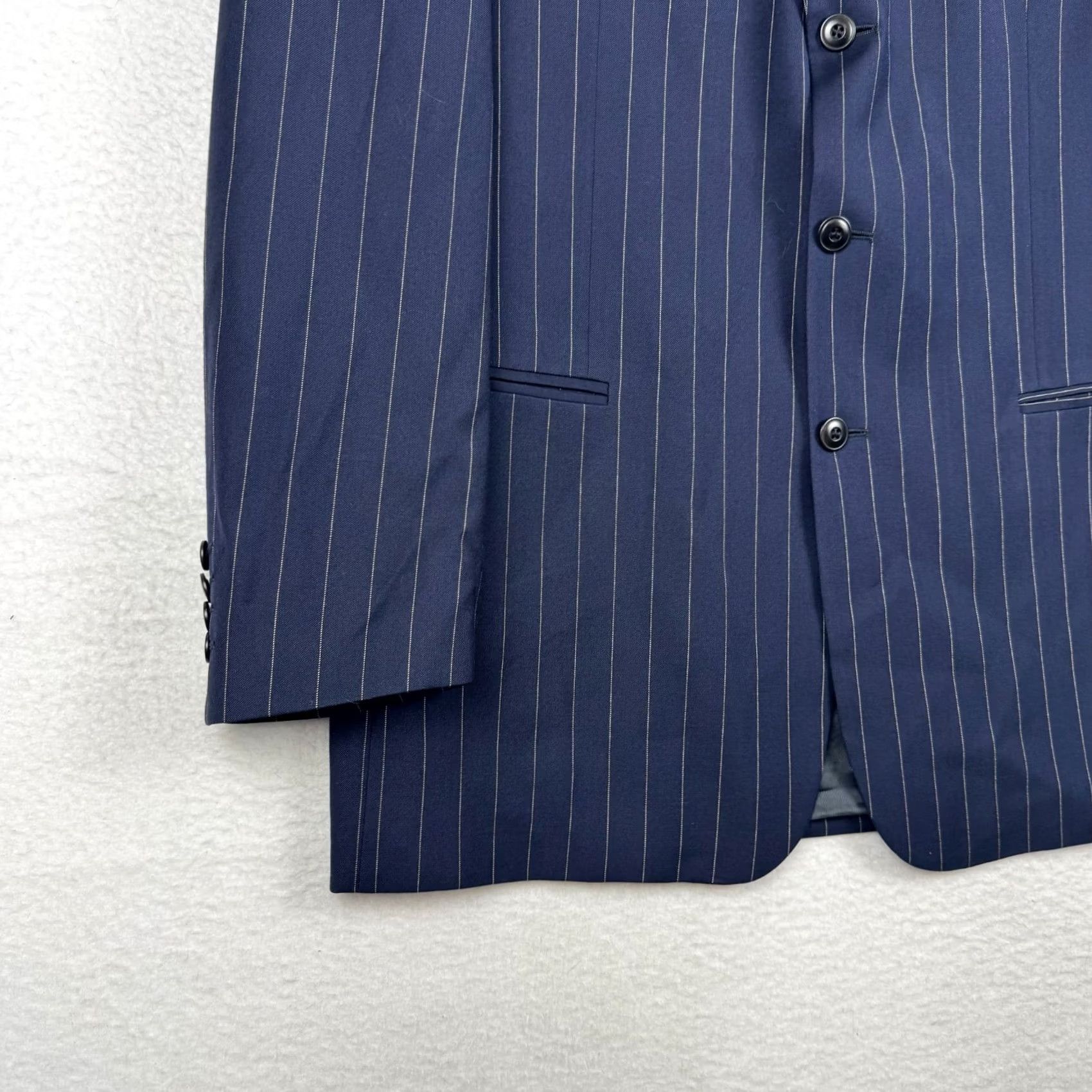 Vintage Bachrach Blazer Shirt: Mens 43 L Pisa Navy Blue Pin Stripe Super 120s Wool Silk Blazer Two Piece Notch Lapel 3-Button 4-Button Sleeve Size 46R - 2 Thumbnail