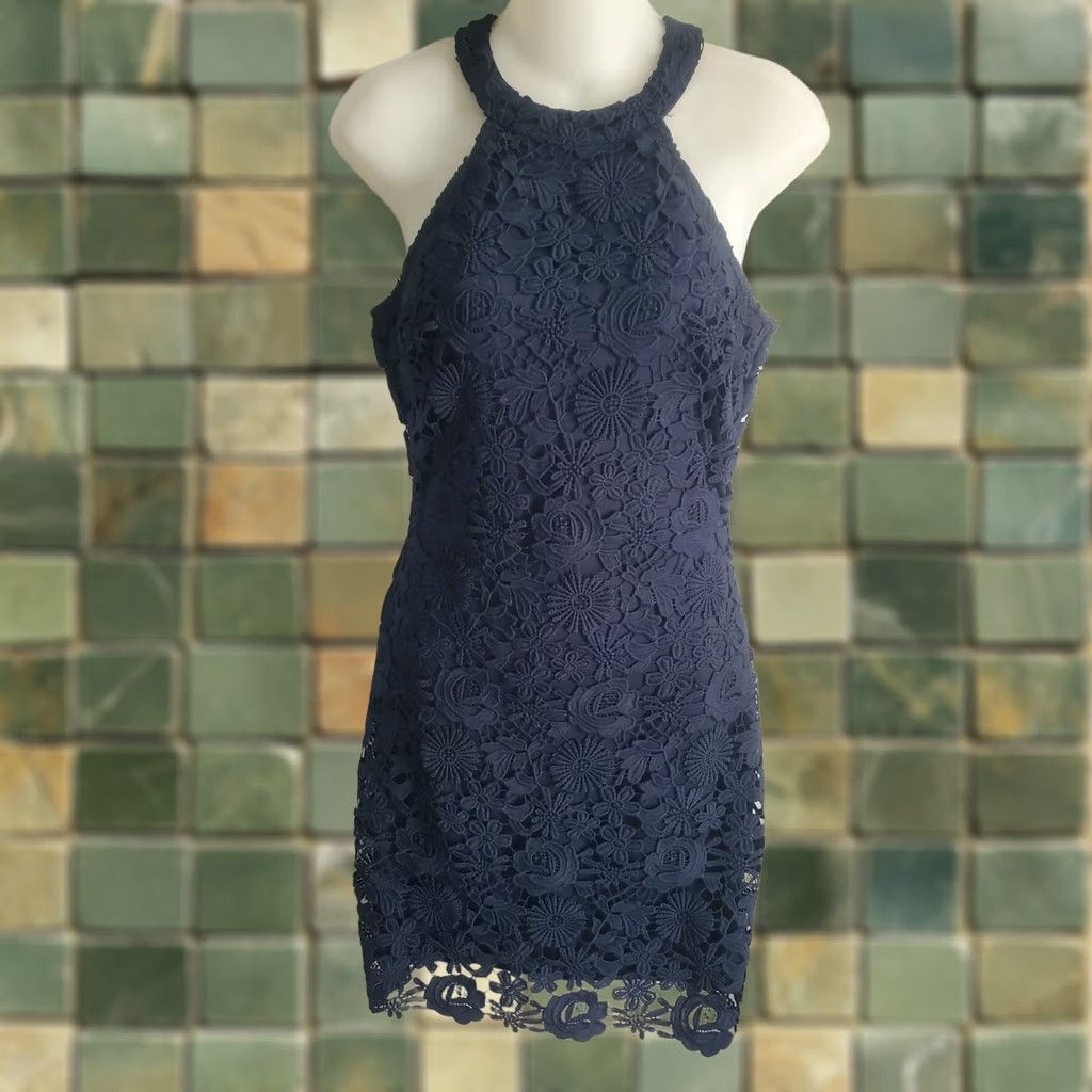 Lulus Lulus Womens Navy Blue Lace Halter Bodycon Dress S Small Sleeveless Zip Short Mini Party Wedding Size S / US 4 / IT 40 - 1 Thumbnail