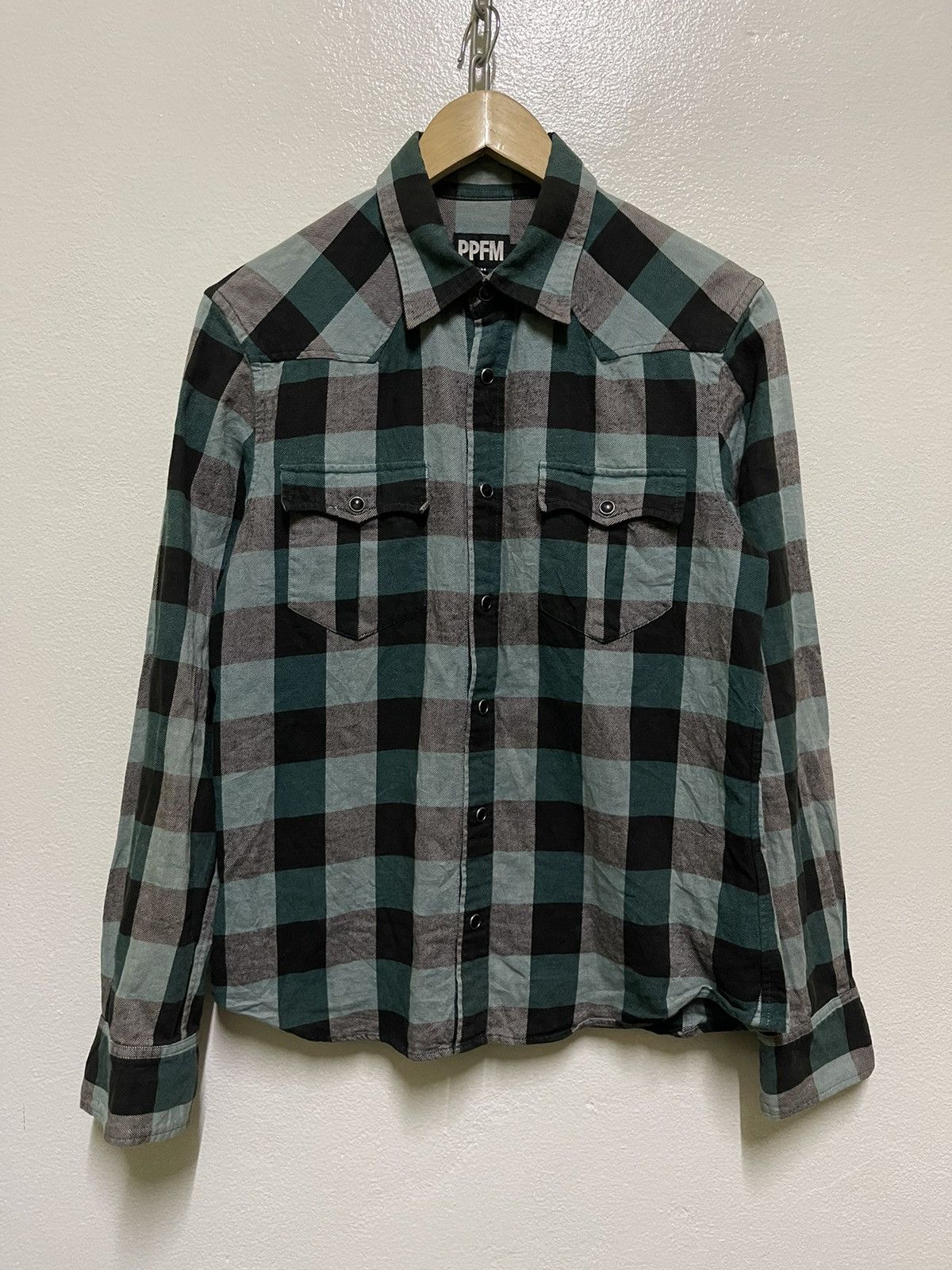 image of Ppfm Western Shirt Snap Button in Green Tartan, Men's (Size Medium)
