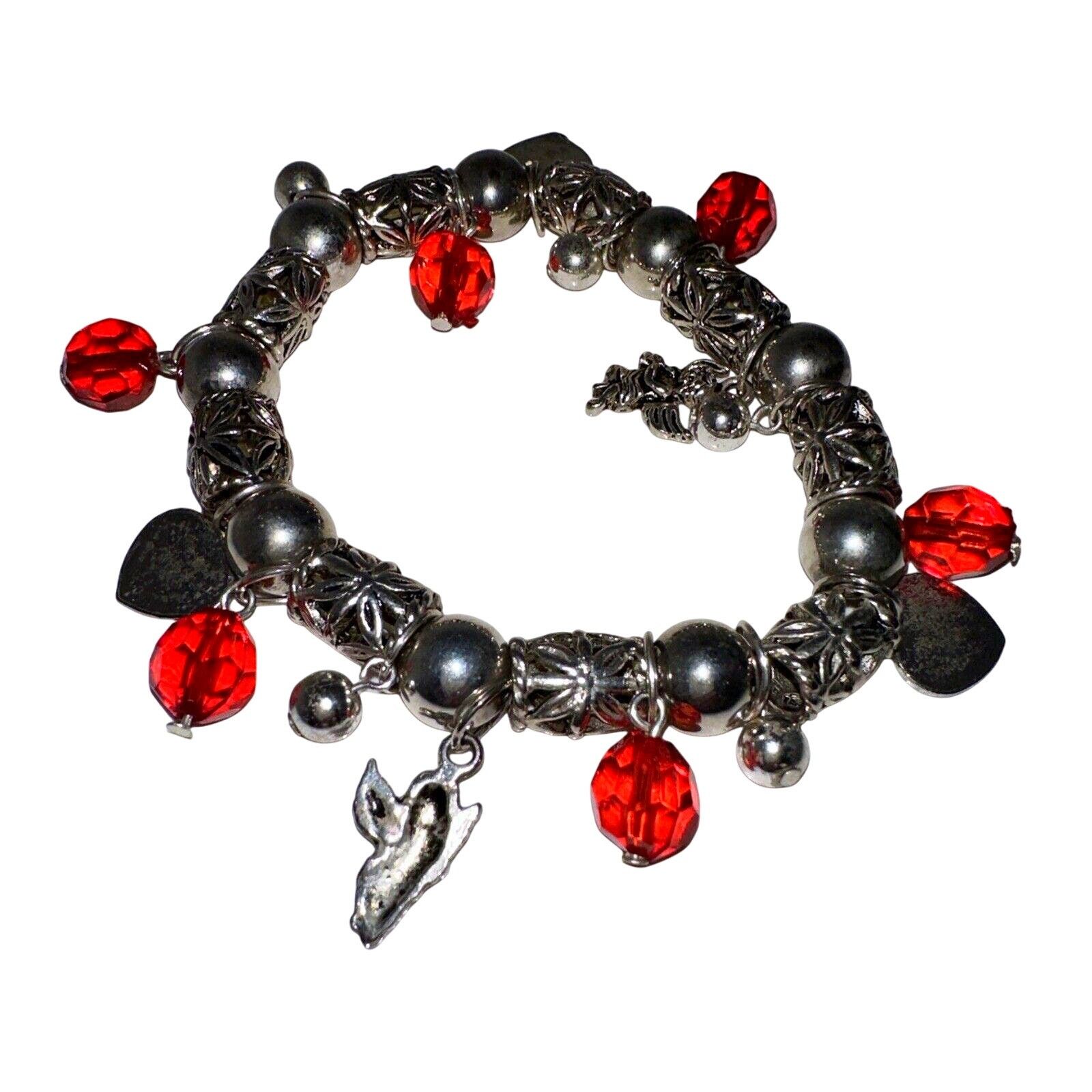Vintage VTG Silver Art Deco Angels Red Hearts Charm Bracelet Stretch Size ONE SIZE - 2 Thumbnail