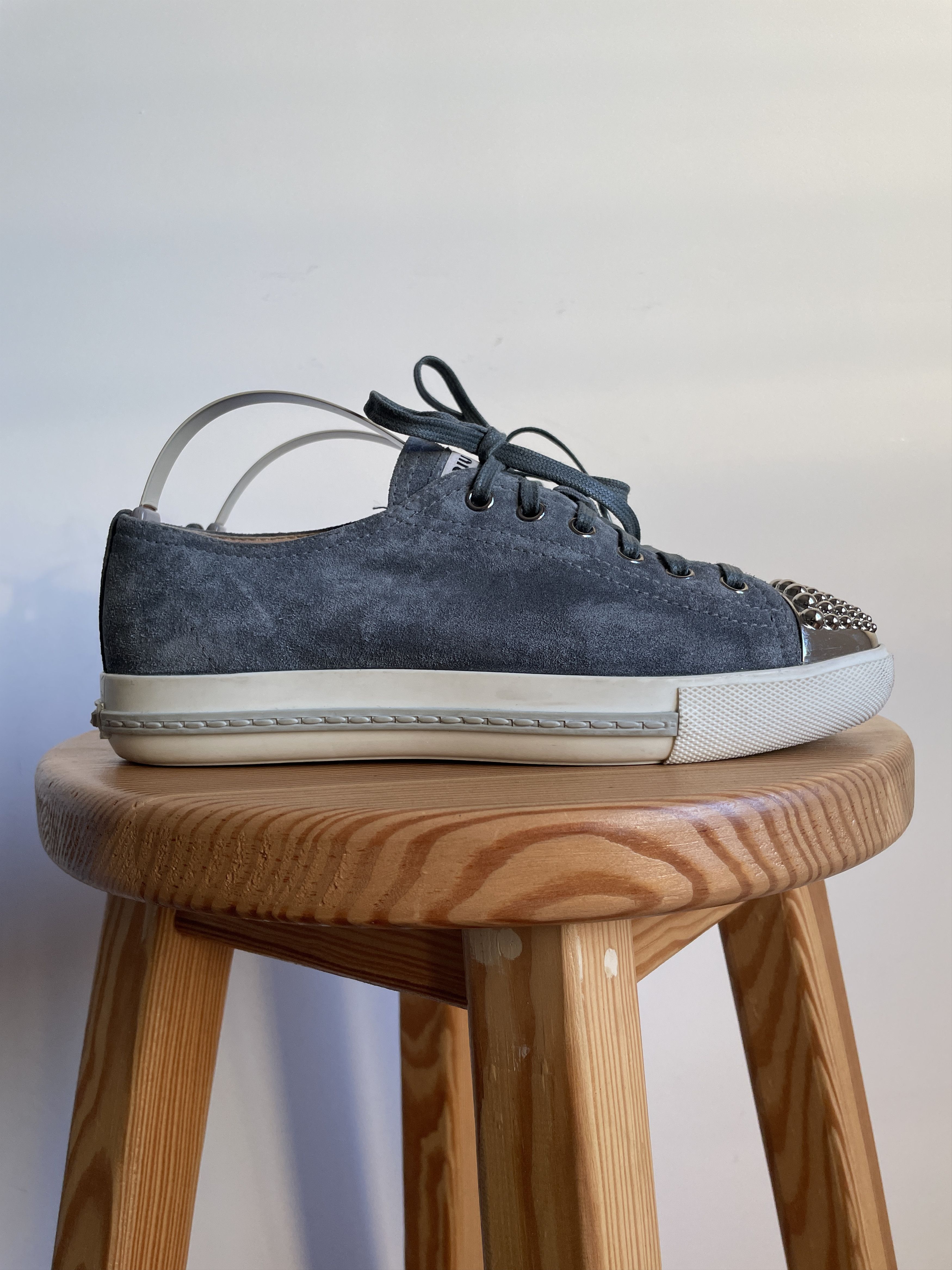 Miu Miu Miu Miu Grey Suede Studded Cap Toe Womens Sneakers Size US 7.5 / IT 37.5 - 2 Thumbnail