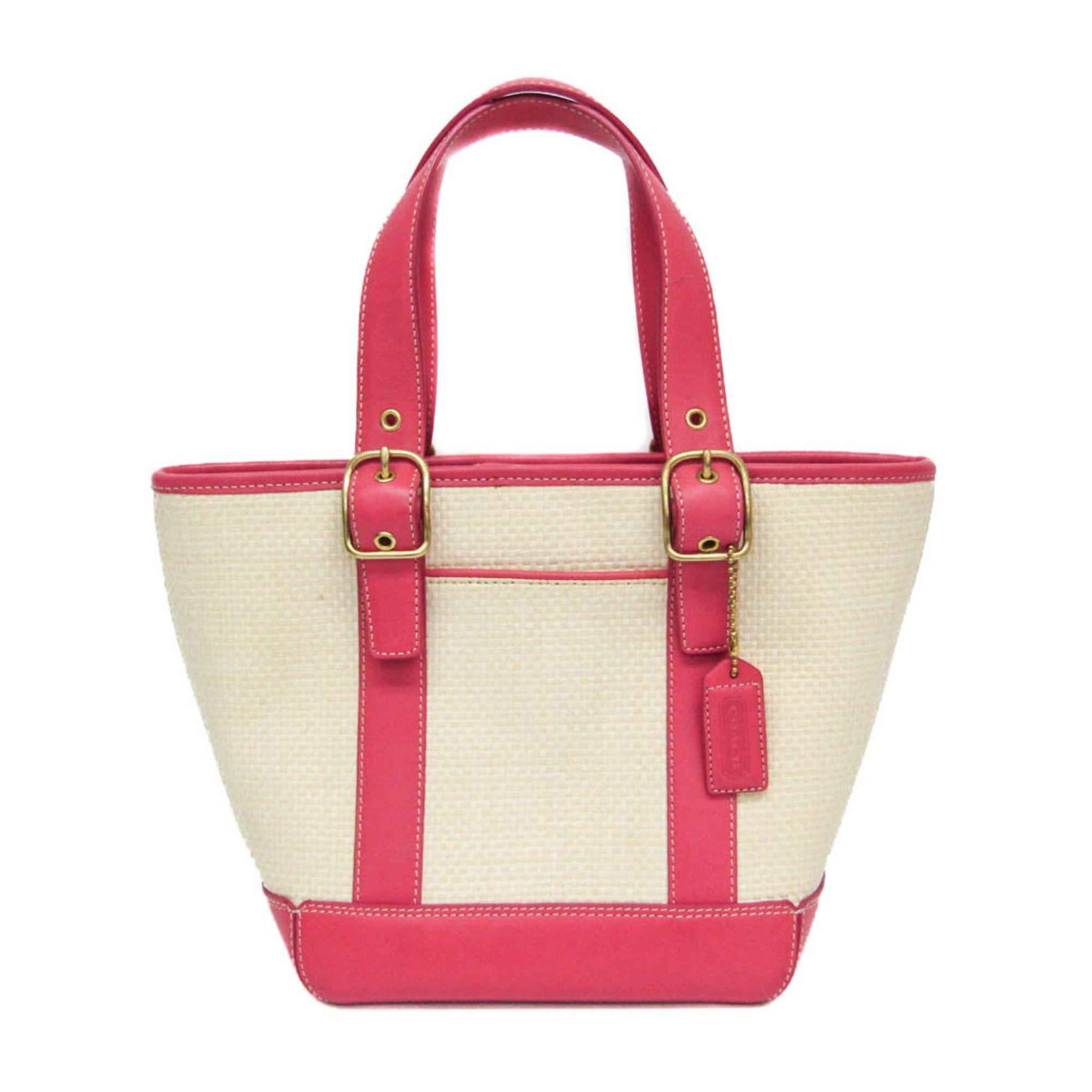 Coach Small Basket Tote 8909 Women's StrawLeather HandbagTote Bag Light BeigePink
