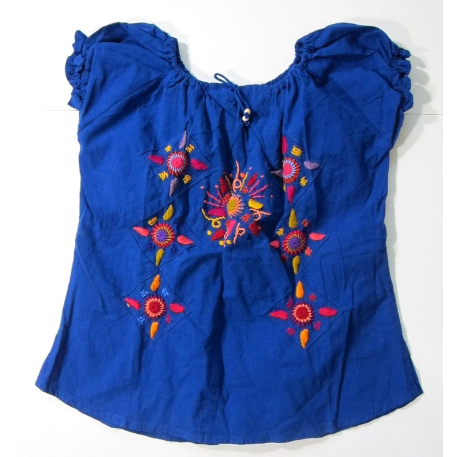 Vintage VINTAGE Handmade Ethnic 100% Cotton Blue Pink Orange Embroidered Peasant Blouse Small Size S / US 4 / IT 40 - 2 Thumbnail