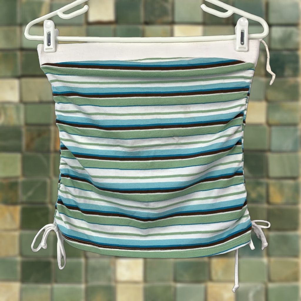 Vintage Juniors Tube Top Striped Y2K Cant Miss Large Strapless Ruched Drawstring Green Blue Size L / US 10 / IT 46 - 1 Thumbnail