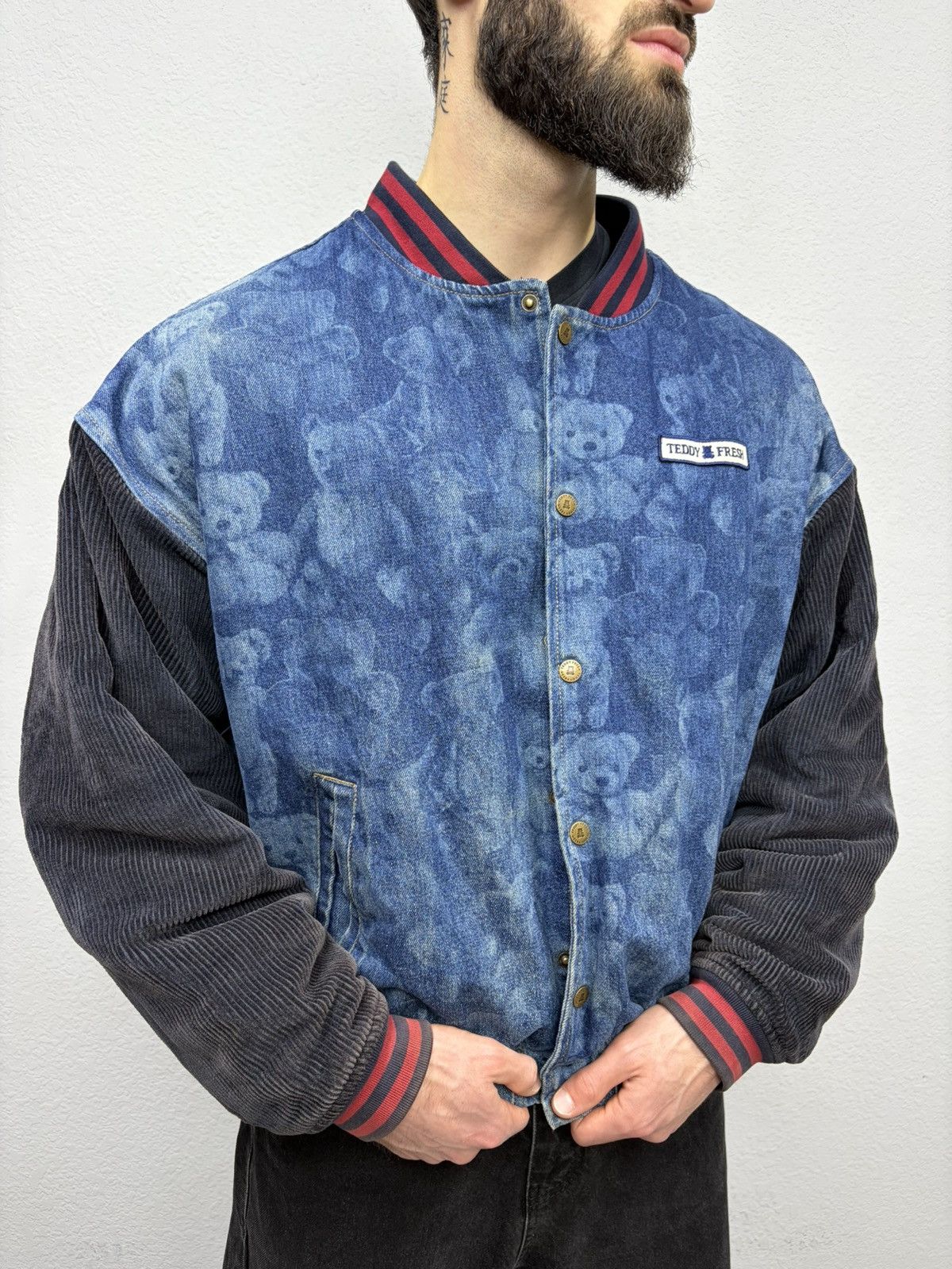 Teddy Fresh Teddy Fresh Denim Varsity Jacket Hybrid All-Over Bear Print Size US L / EU 52-54 / 3 - 10 Thumbnail