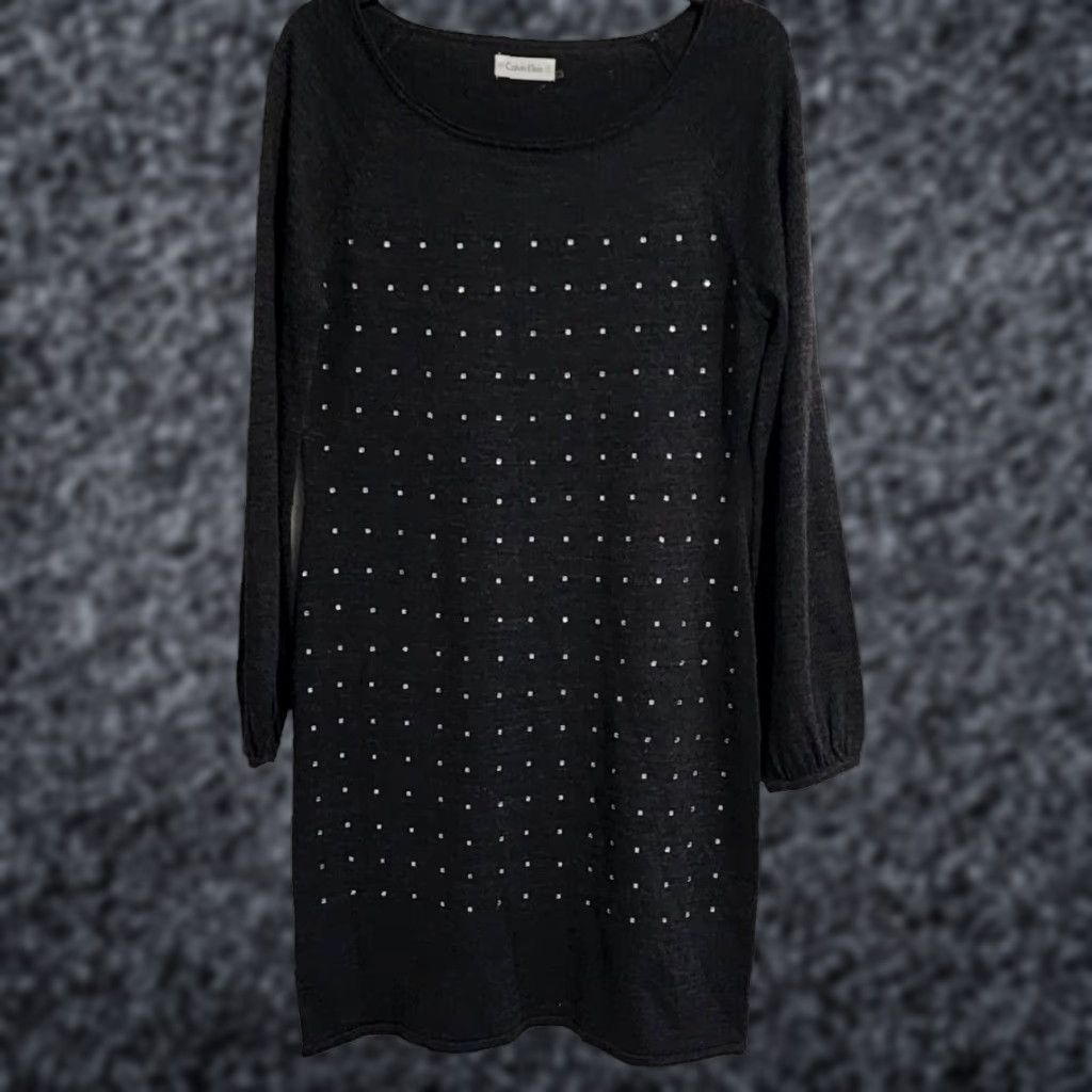 Calvin Klein Womens Sz M Wool Dark Gray Sweater Dress with Square Crystals  LS