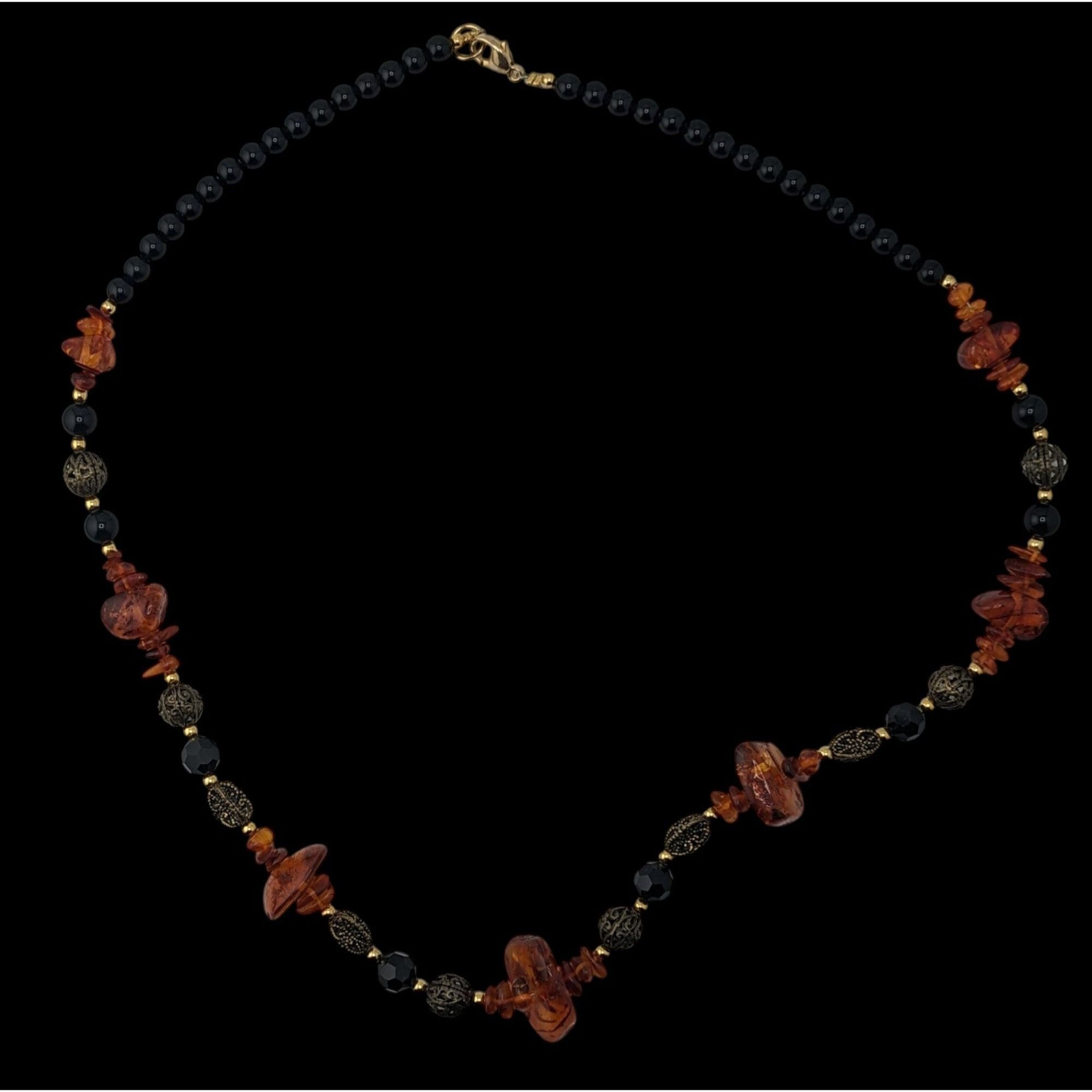 Other Vintage Amber And Onyx Beaded Necklace With Gold Tone And Bl Size ONE SIZE - 3 Thumbnail