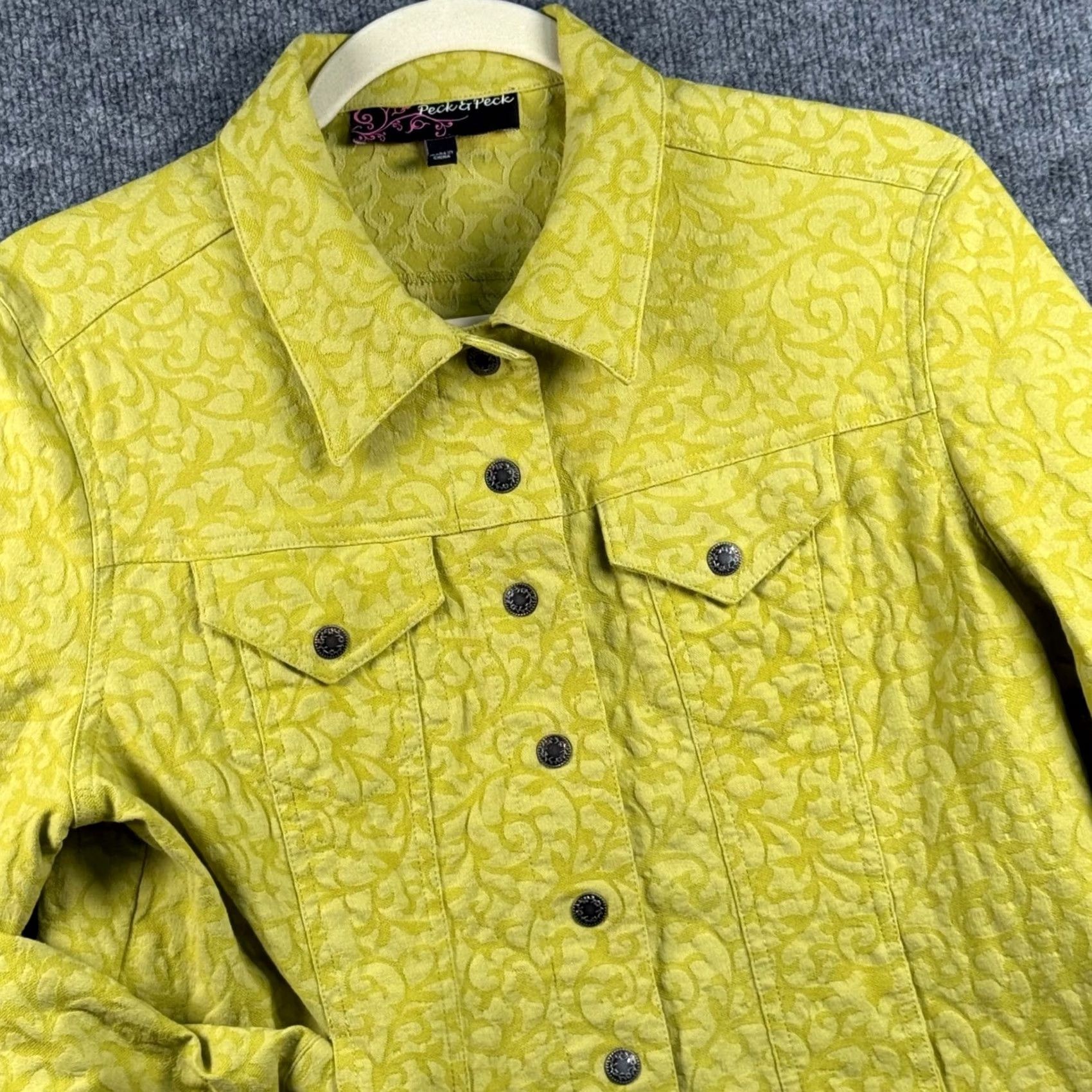 Vintage Womens L Chartreuse Jacket Damask Jacquard Scroll Button Front Artsy Cropped Size L / US 10 / IT 46 - 2 Thumbnail