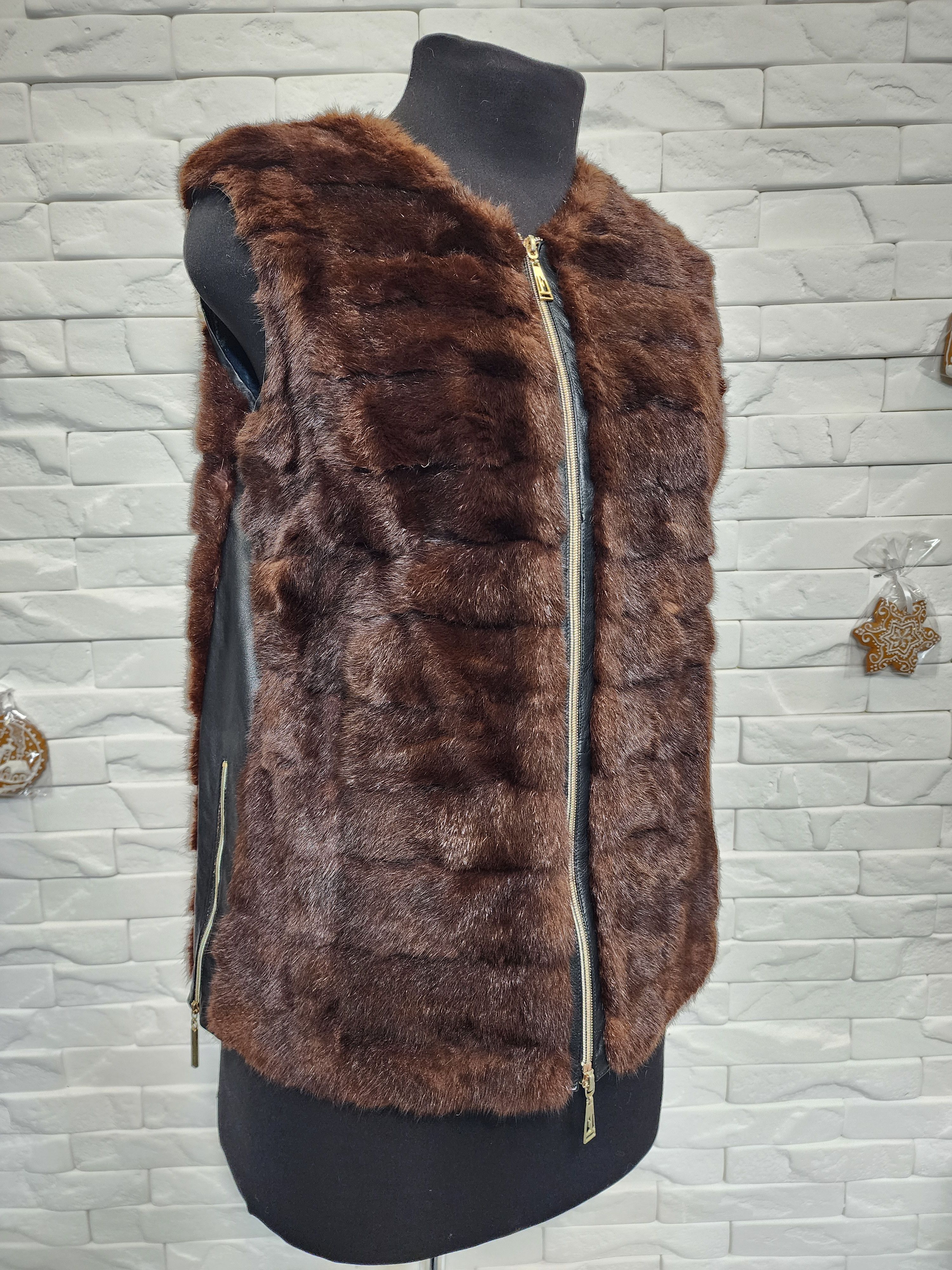 Furla Fur Vest: Brown Leather Trim, Metal Zipper Size L / US 10 / IT 46 - 1 Thumbnail