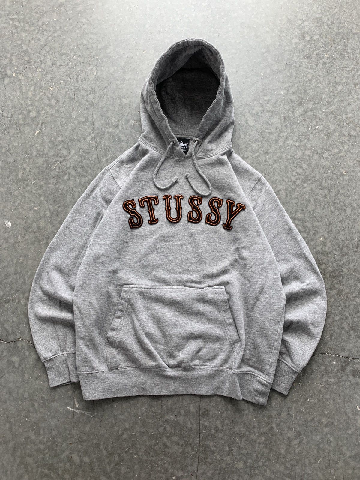 Grey stussy hoodie red writing sale