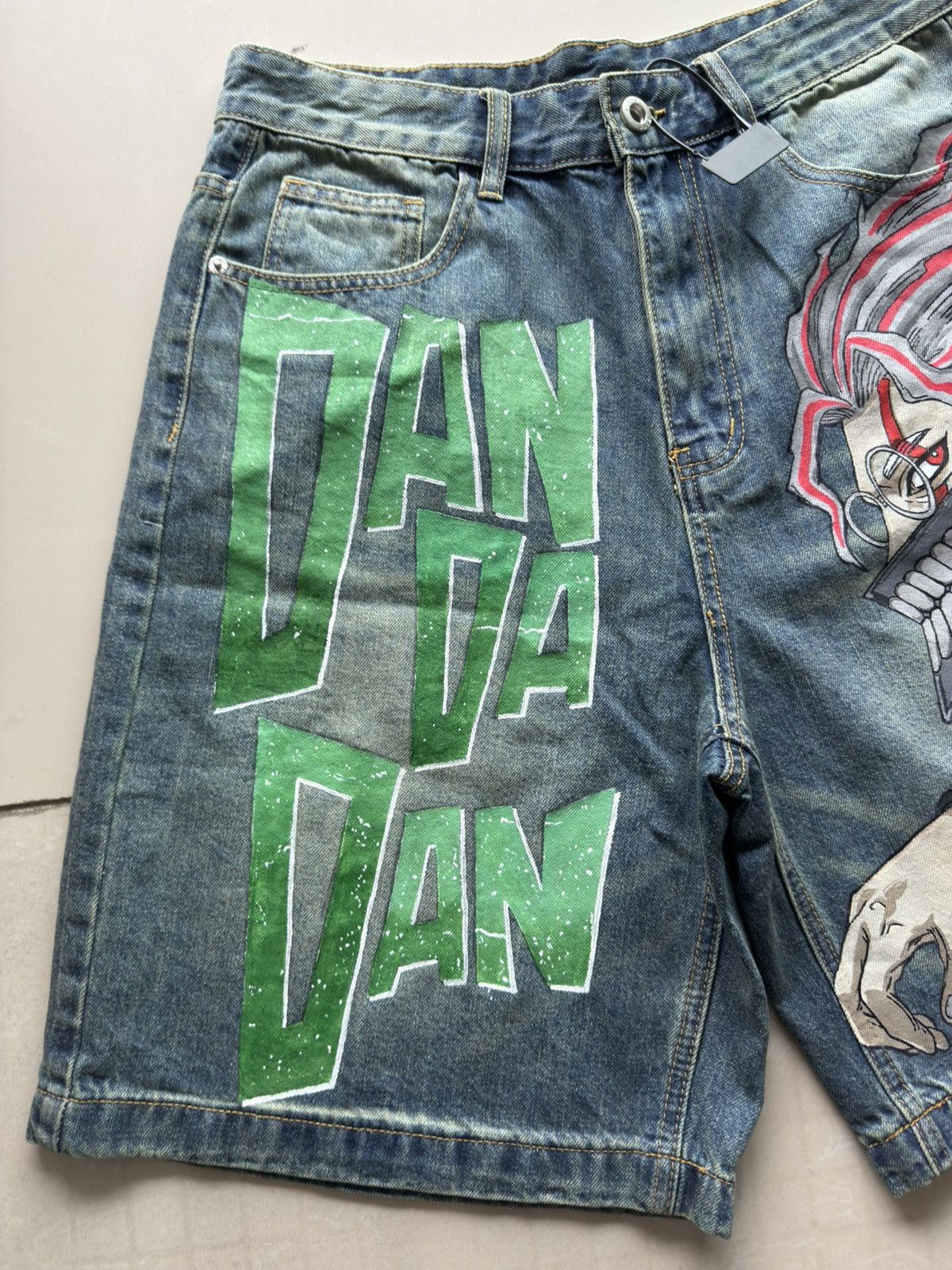 Anime Dan Da Dan custom hand painted jorts Size US 31 - 2 Thumbnail