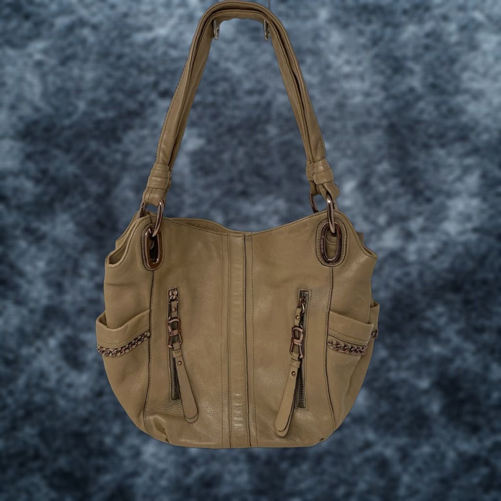 Vintage B. Makowsky Handbag Tan Soft Leather Shoulder Bag Chain Detail Snake Print Tote Size ONE SIZE - 1 Thumbnail