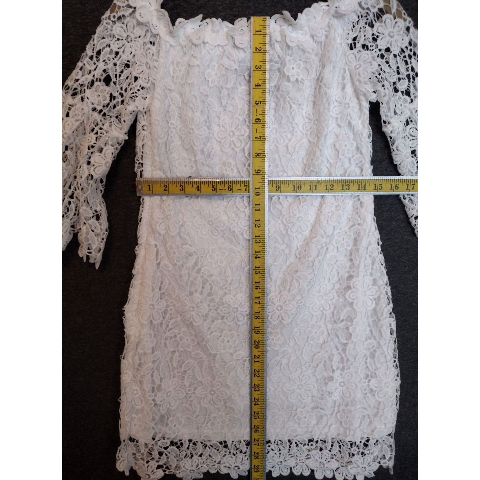 Vintage Auxo White Off Shoulder Floral Lace Short Dress 3/4 Sleeve M Womens Dress Floral Pattern Summer Spring Size 32" / US 10 / IT 46 - 4 Thumbnail