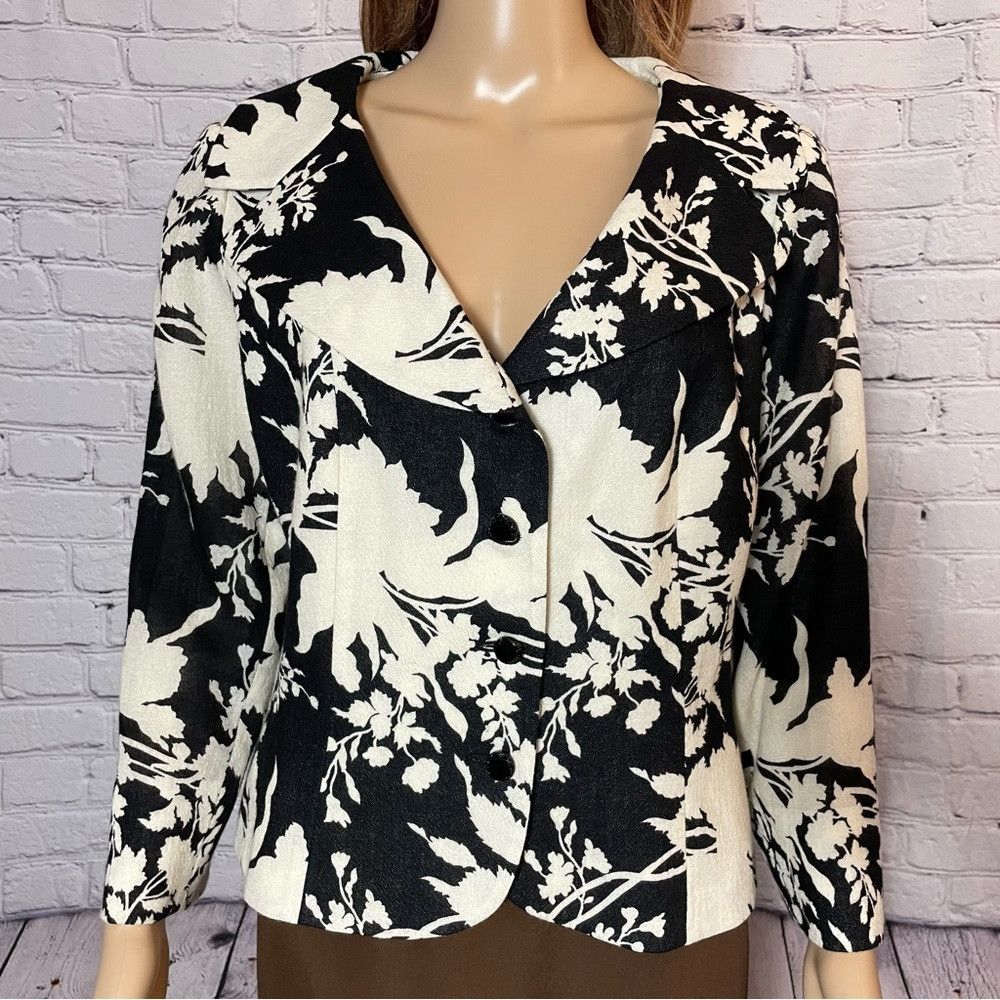 Other New Teri Jon By Rickie Freeman Wool Black White Floral Jack Size L / US 10 / IT 46 - 2 Thumbnail