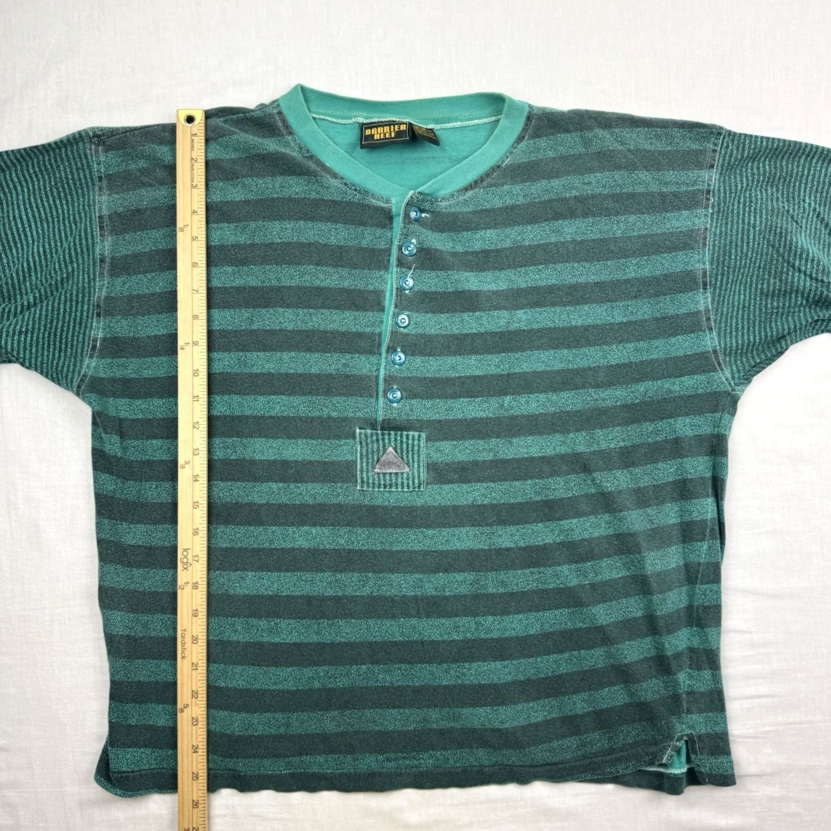 REEF VINTAGE Barrier Reef Henley Long Sleeve Shirt Striped Adult XL Green Hipster 1980s Mens SHIRT Size US XL / EU 56 / 4 - 5 Thumbnail